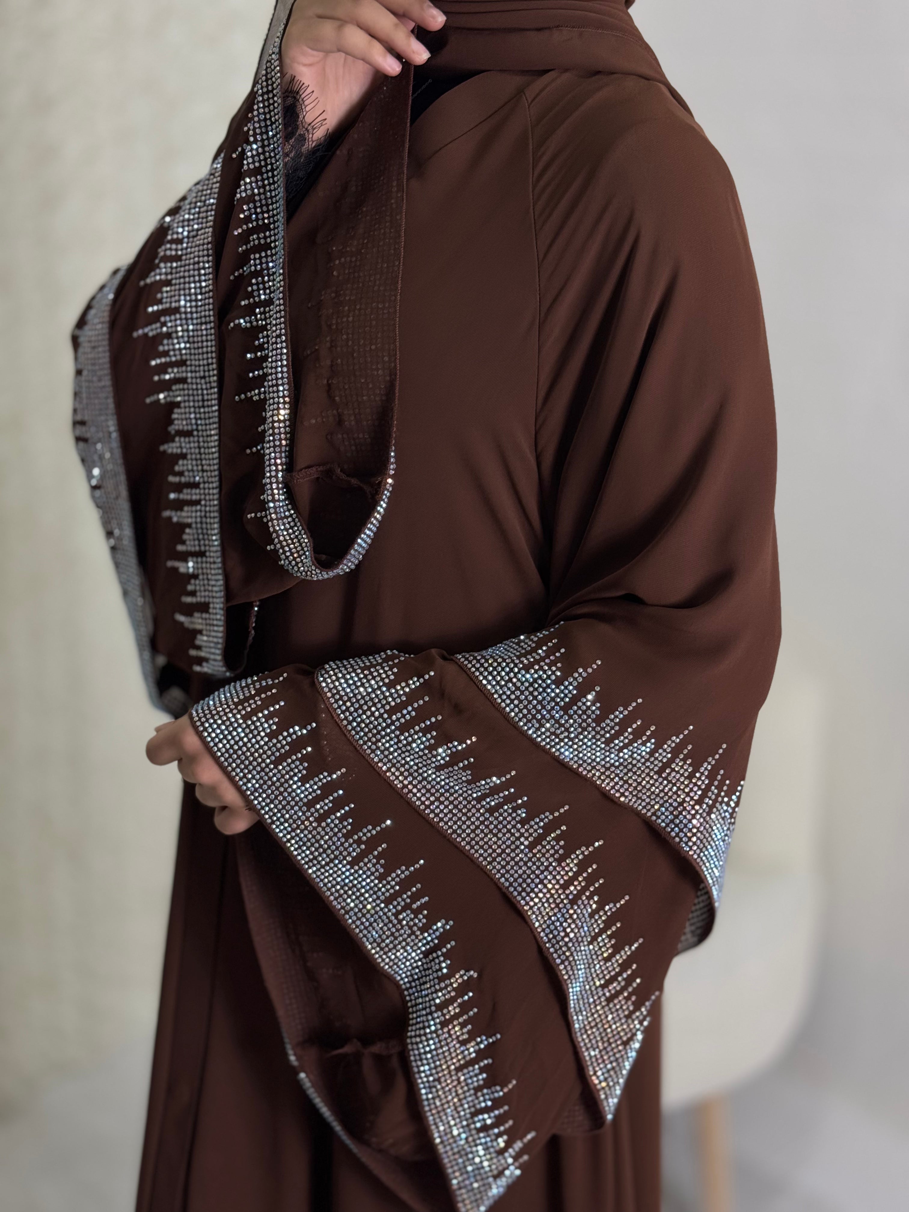 Brown Three-Layer Abaya Embellished with Swarovski Stones