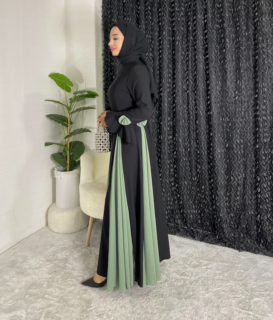 Siyah Yeşil Prenses Abaya Çiçek ve Taşli