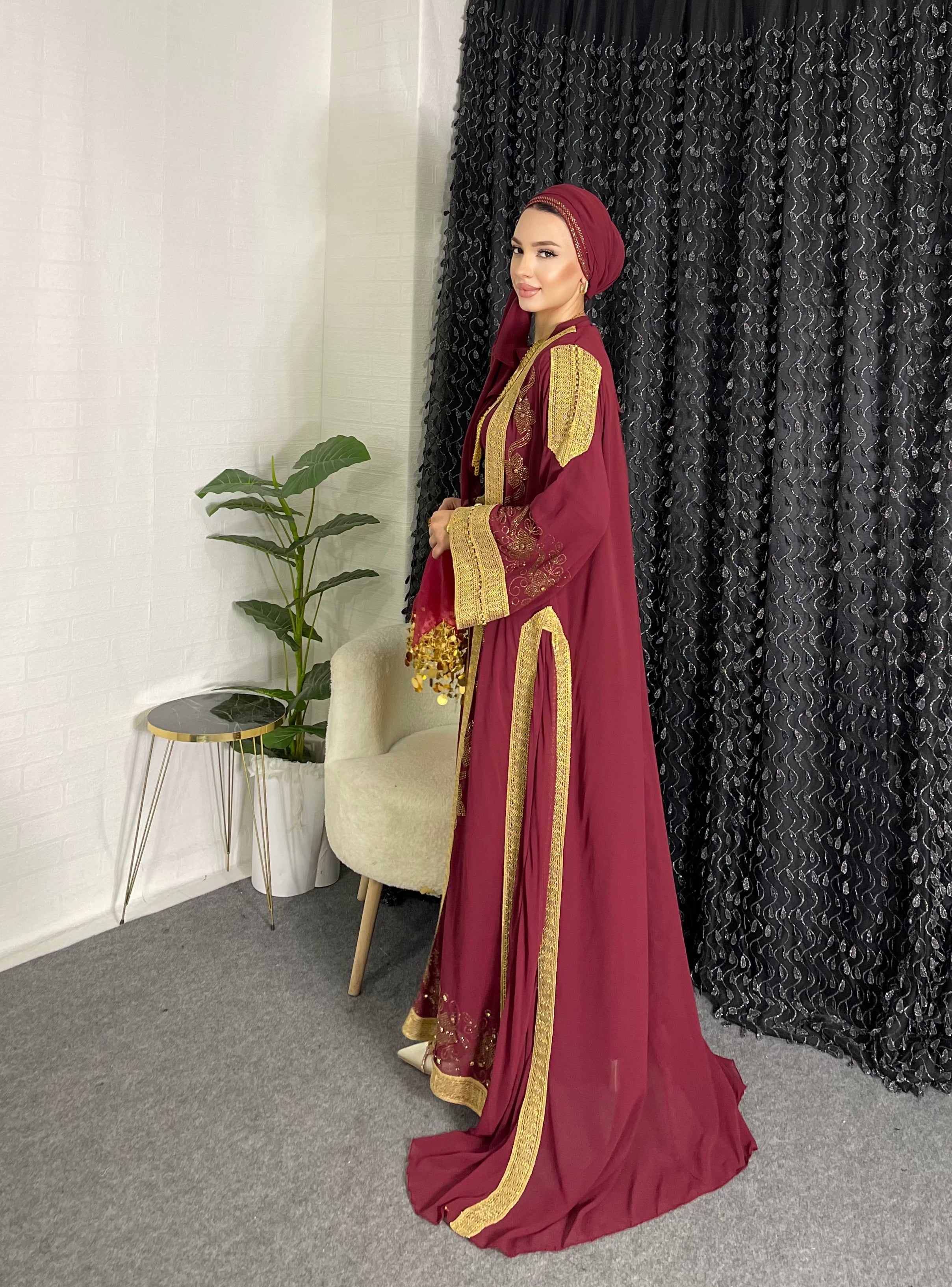 Gold Çiçek desenli Yöresel Bordo Abaya