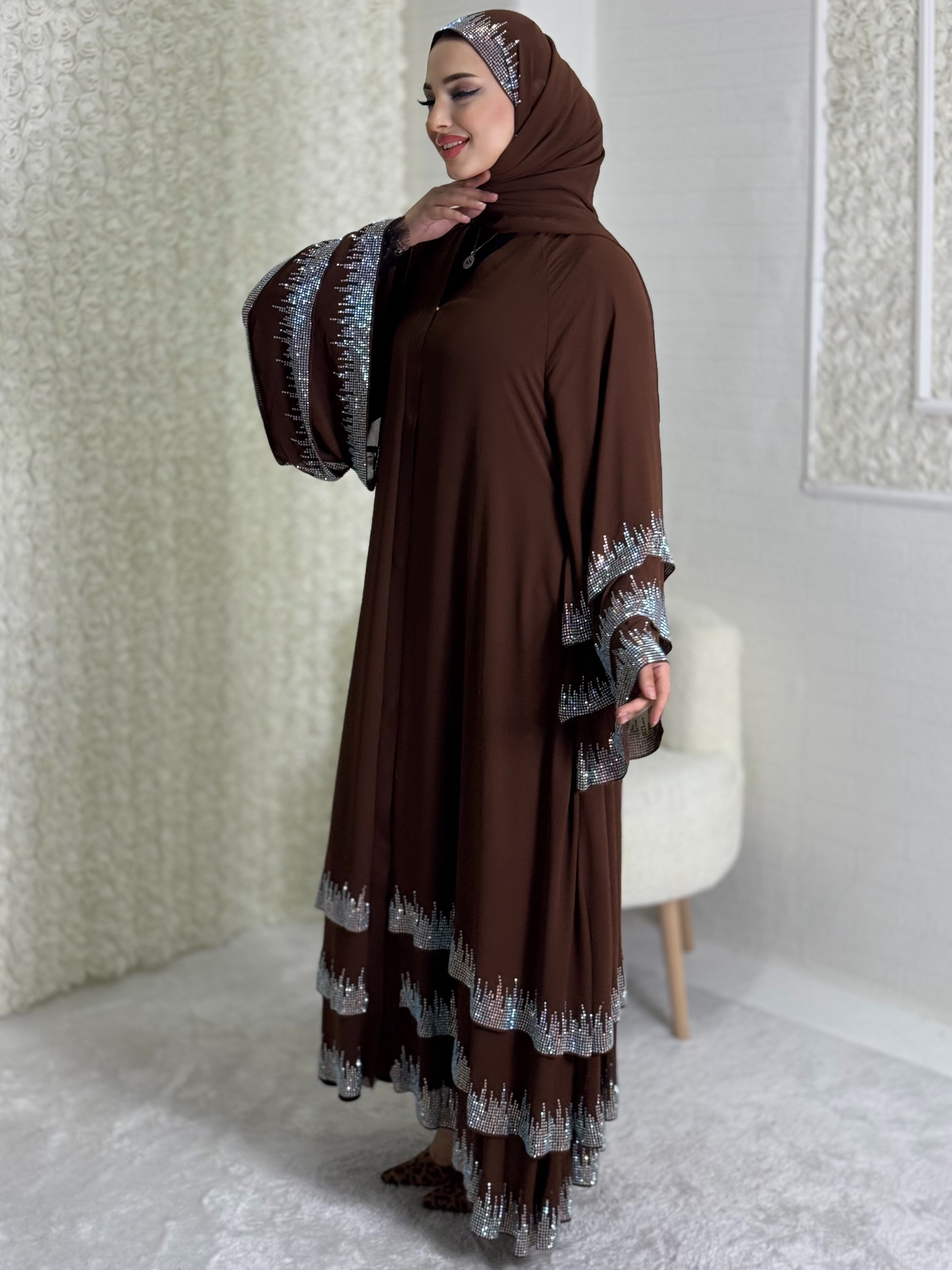 Brown Three-Layer Abaya Embellished with Swarovski Stones