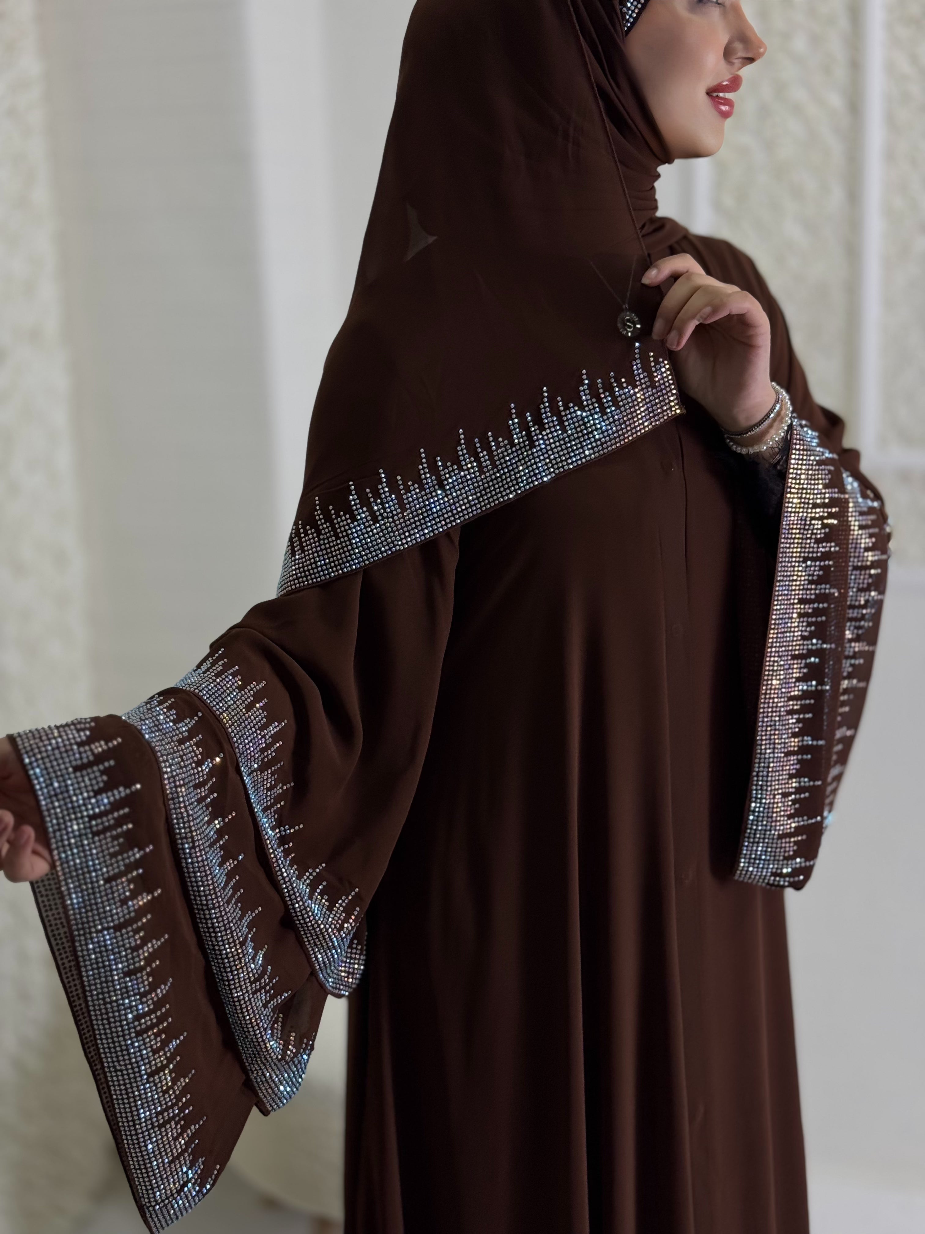 Brown Three-Layer Abaya Embellished with Swarovski Stones