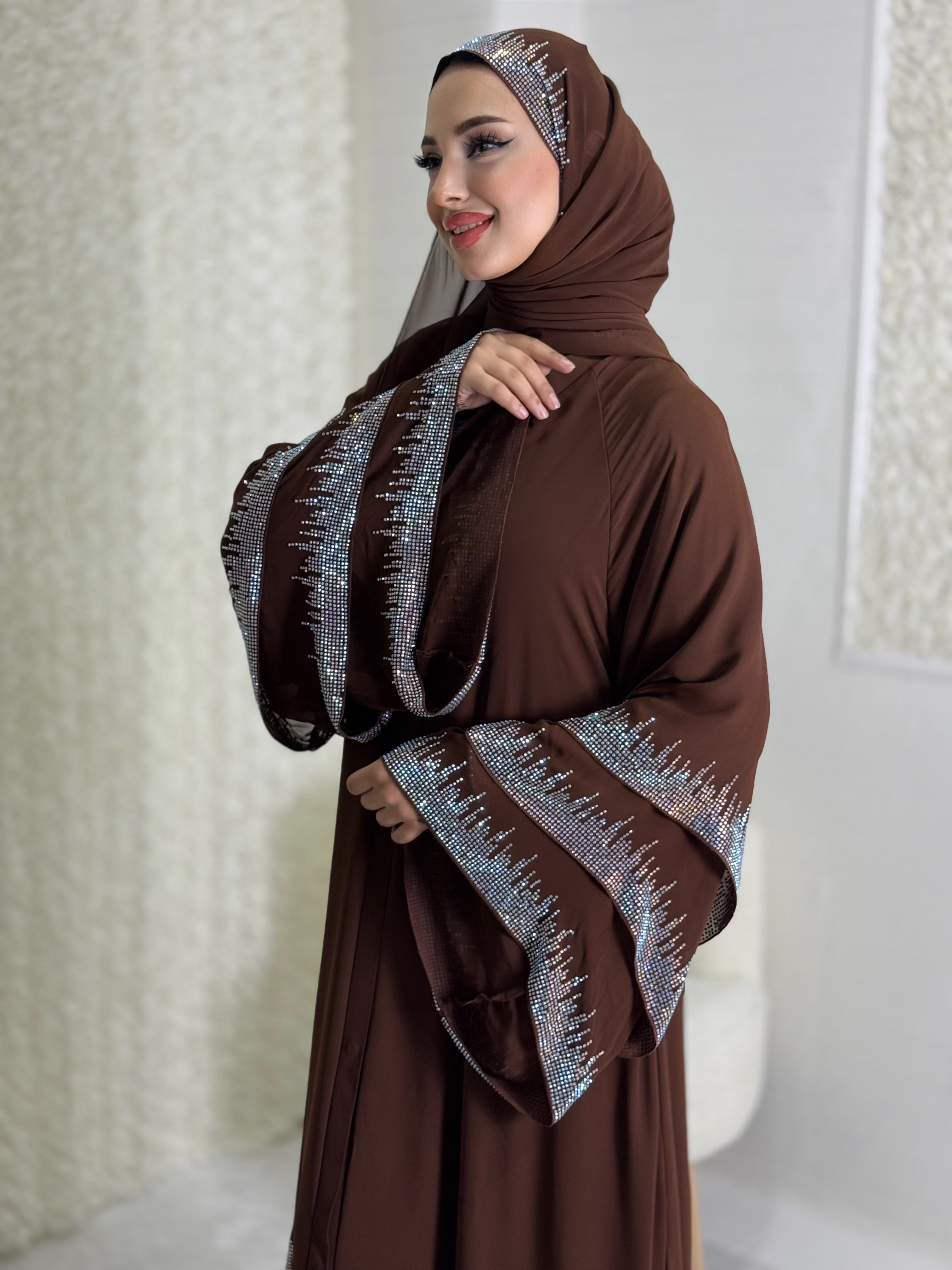 Brown Three-Layer Abaya Embellished with Swarovski Stones