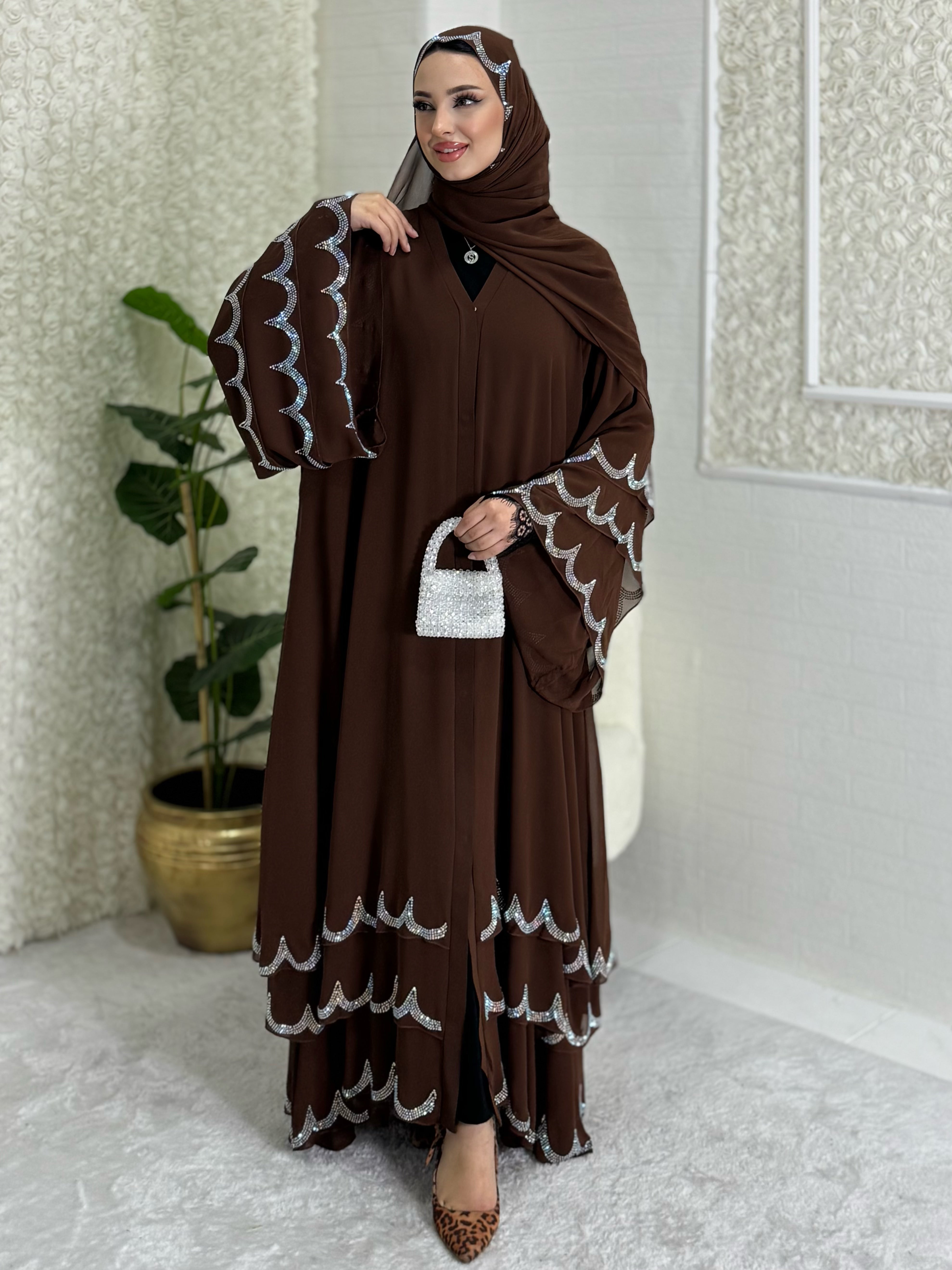 Brown Abaya with Swarovski Stones on the Skirt Ends