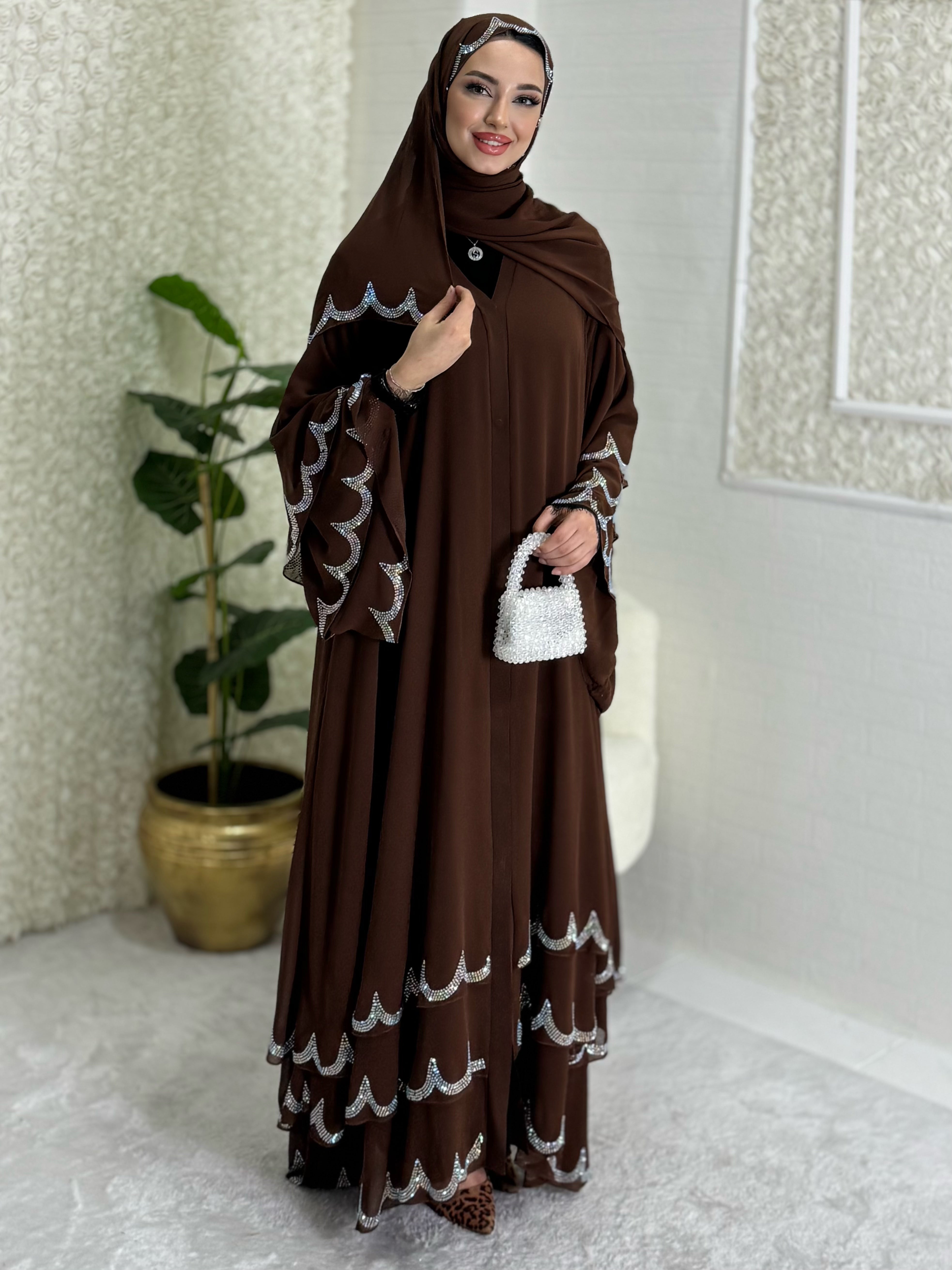 Brown Abaya with Swarovski Stones on the Skirt Ends