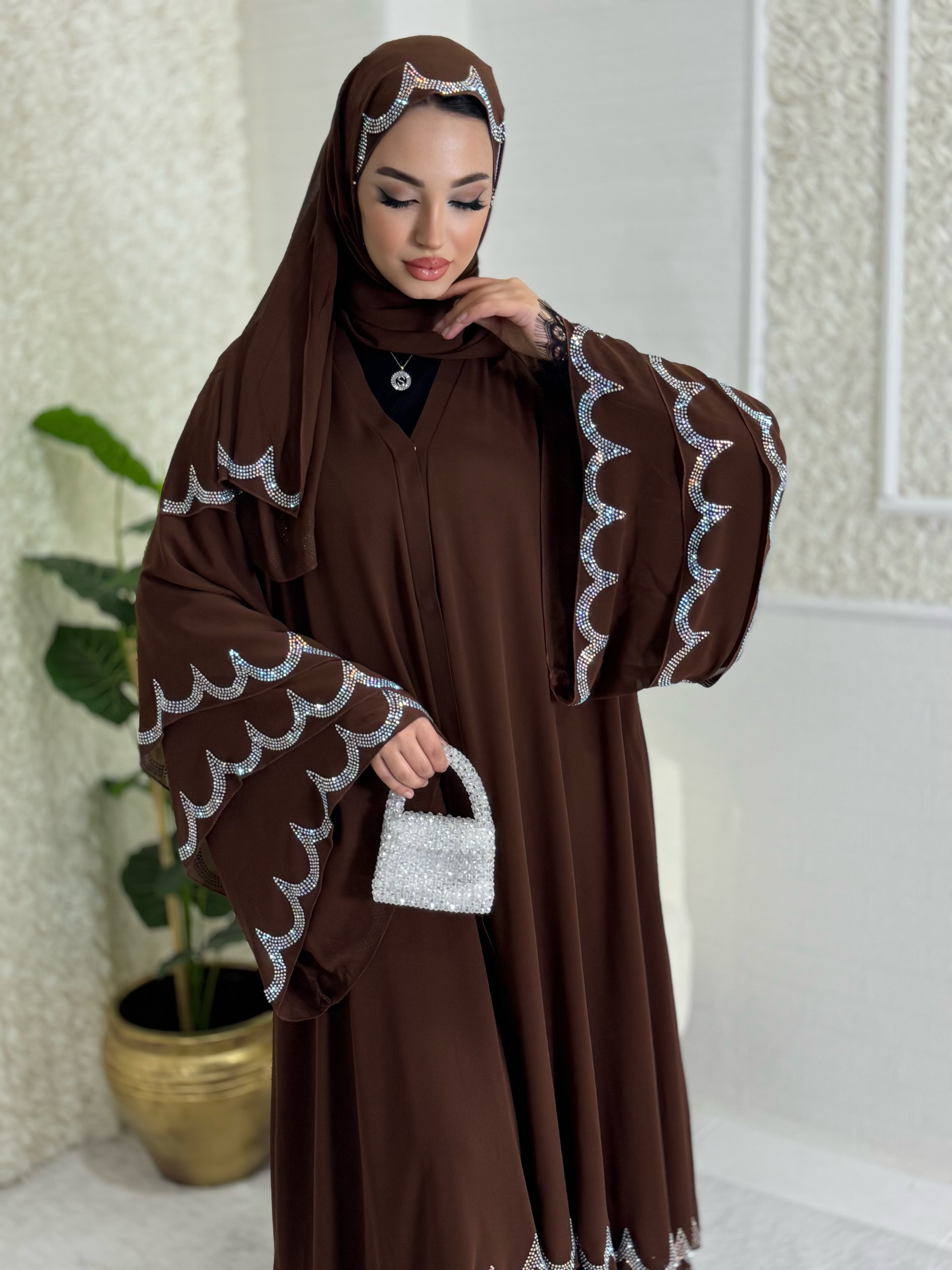 Brown Abaya with Swarovski Stones on the Skirt Ends