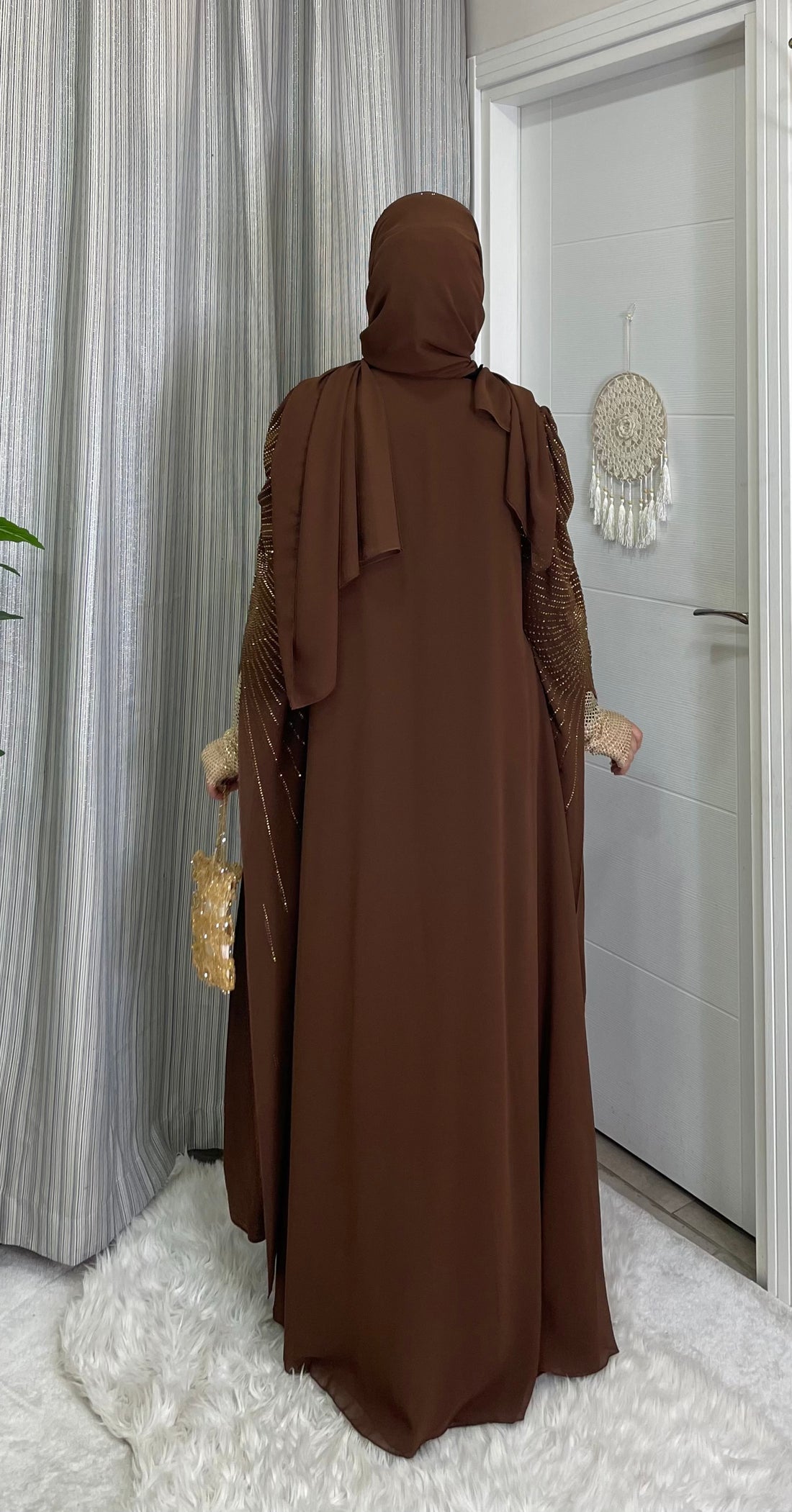 Gold Taşlı Kahve şifon Abiye