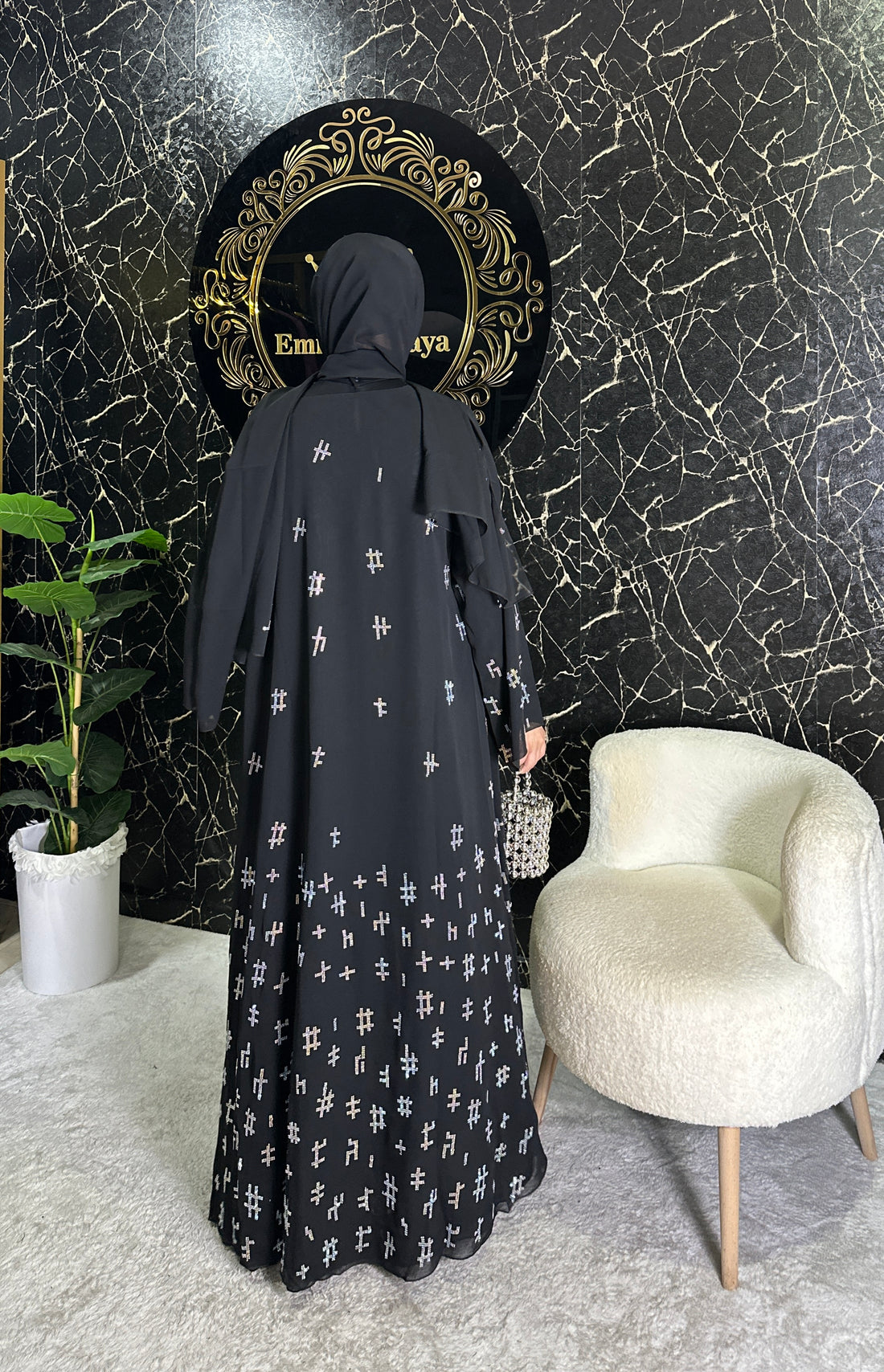 Janjan Geometrik Taş Detaylı Siyah Abaya