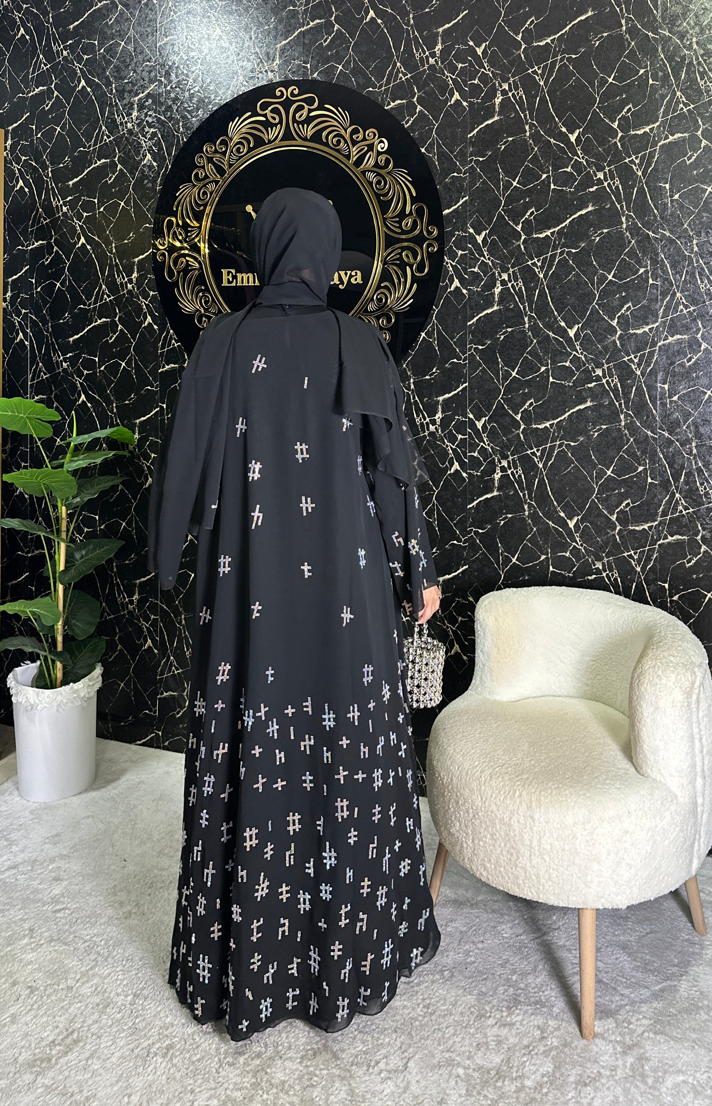 Janjan Geometrik Taş Detaylı Siyah Abaya