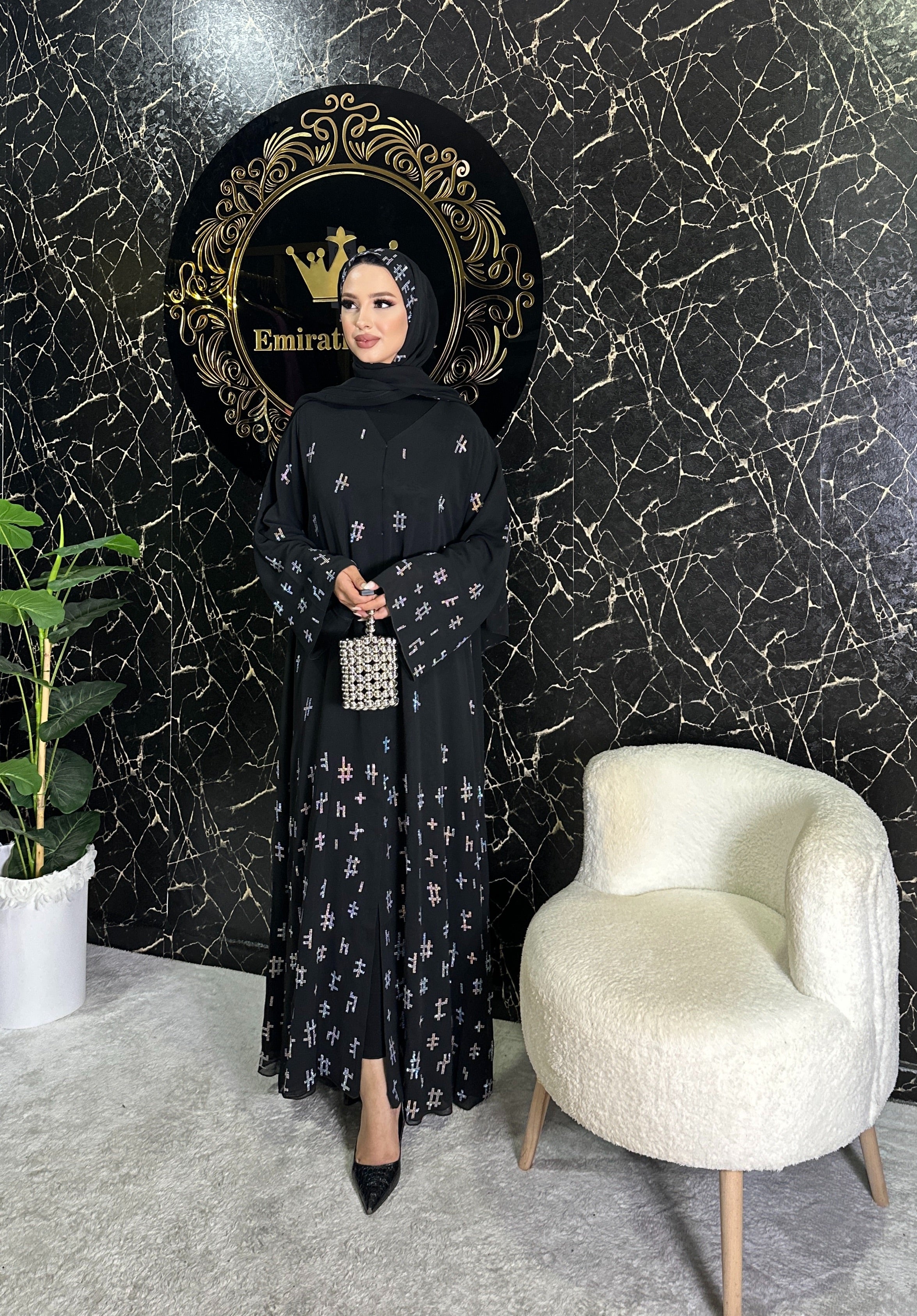 Janjan Geometrik Taş Detaylı Siyah Abaya