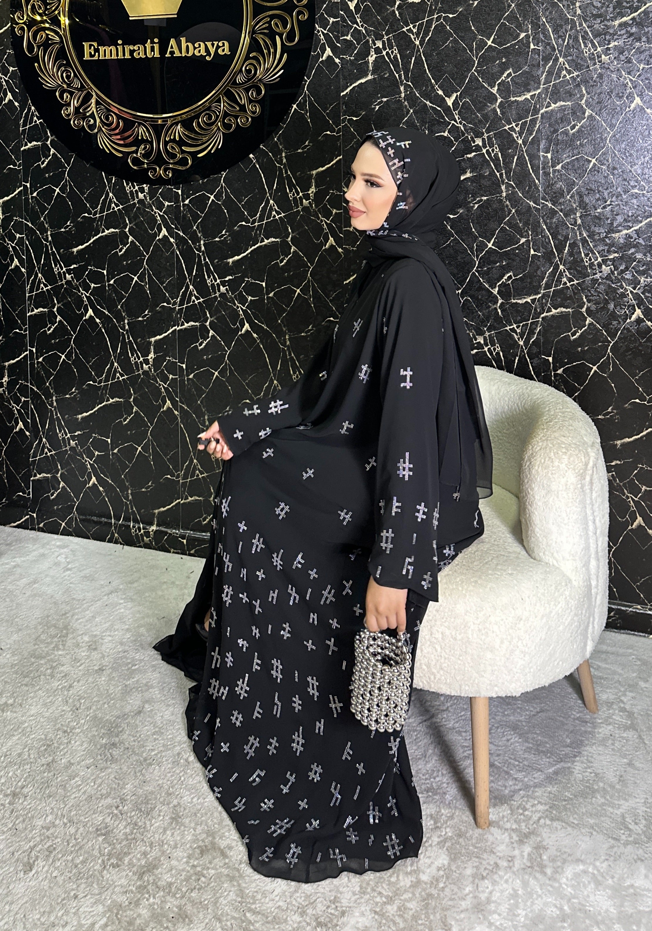 Janjan Geometrik Taş Detaylı Siyah Abaya