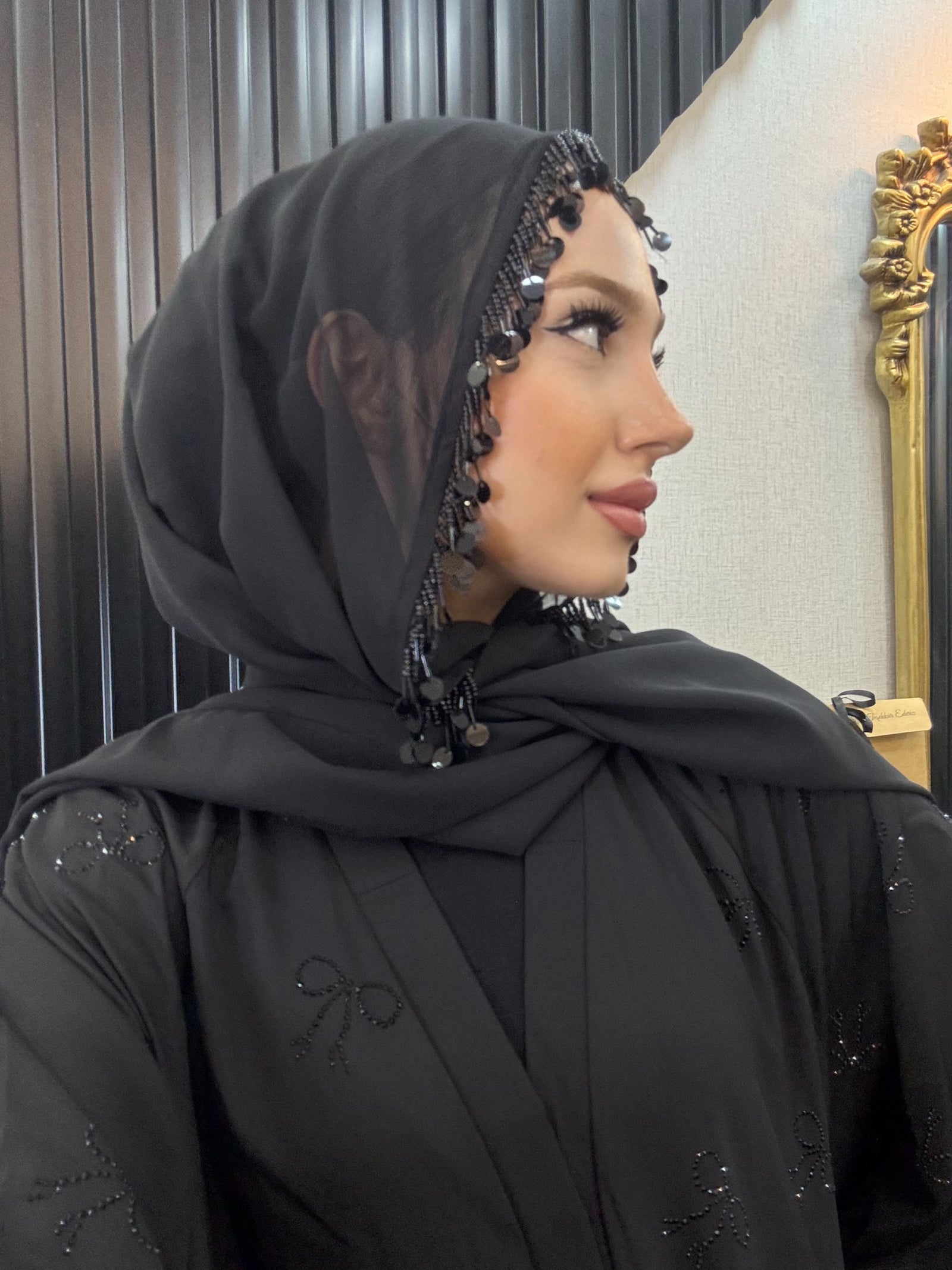 Chiffon Black Shawl with Dangling Stone Details