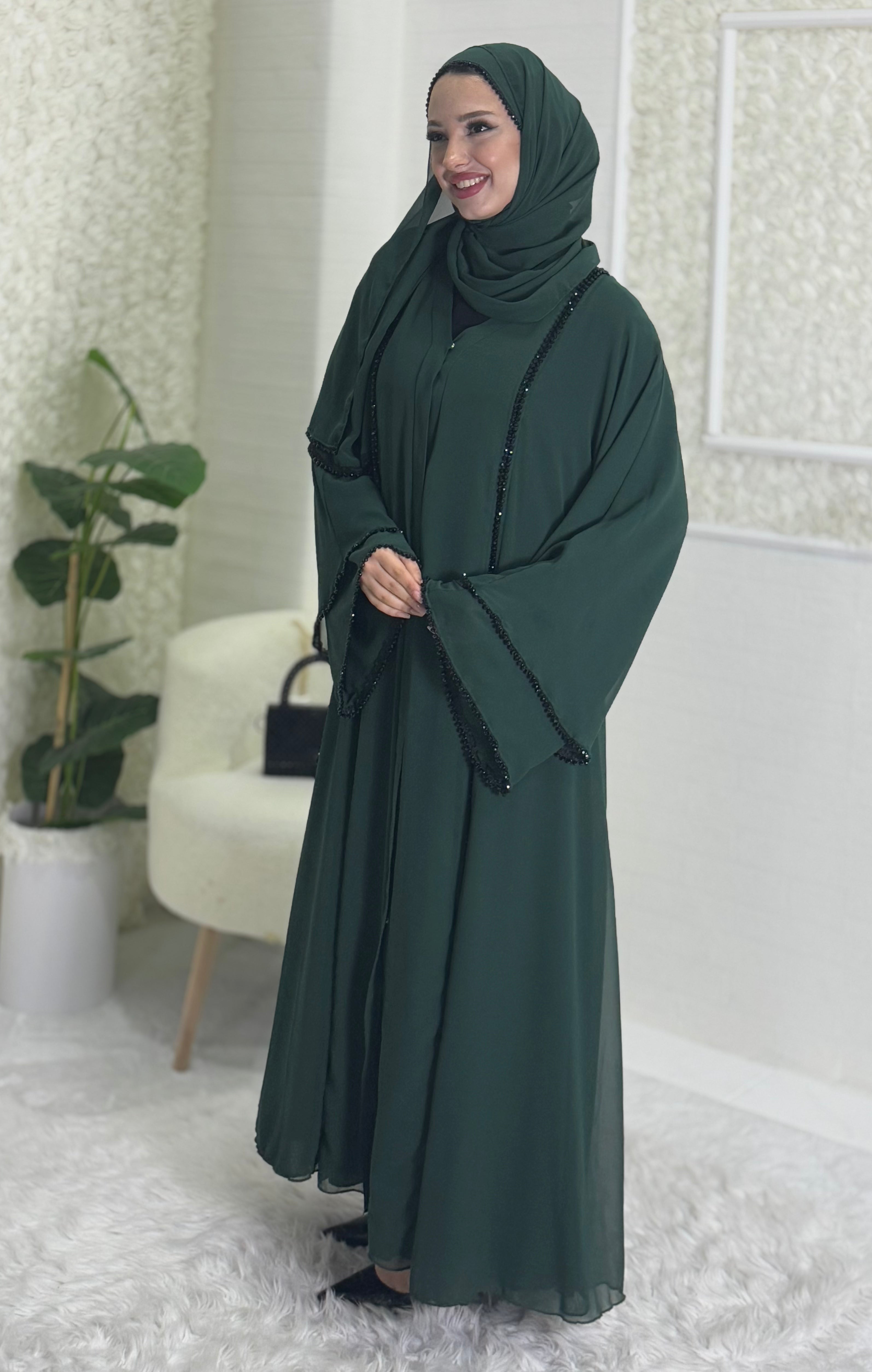 Green Abaya with Black Beads and Front Slit