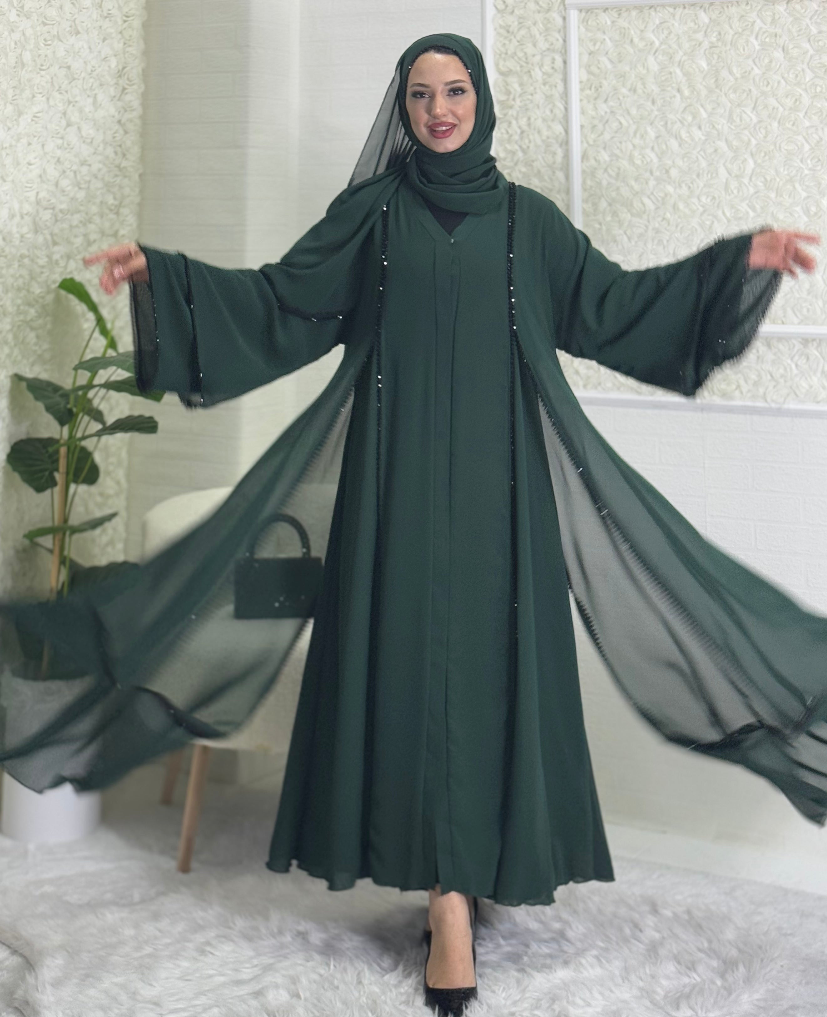Green Abaya with Black Beads and Front Slit