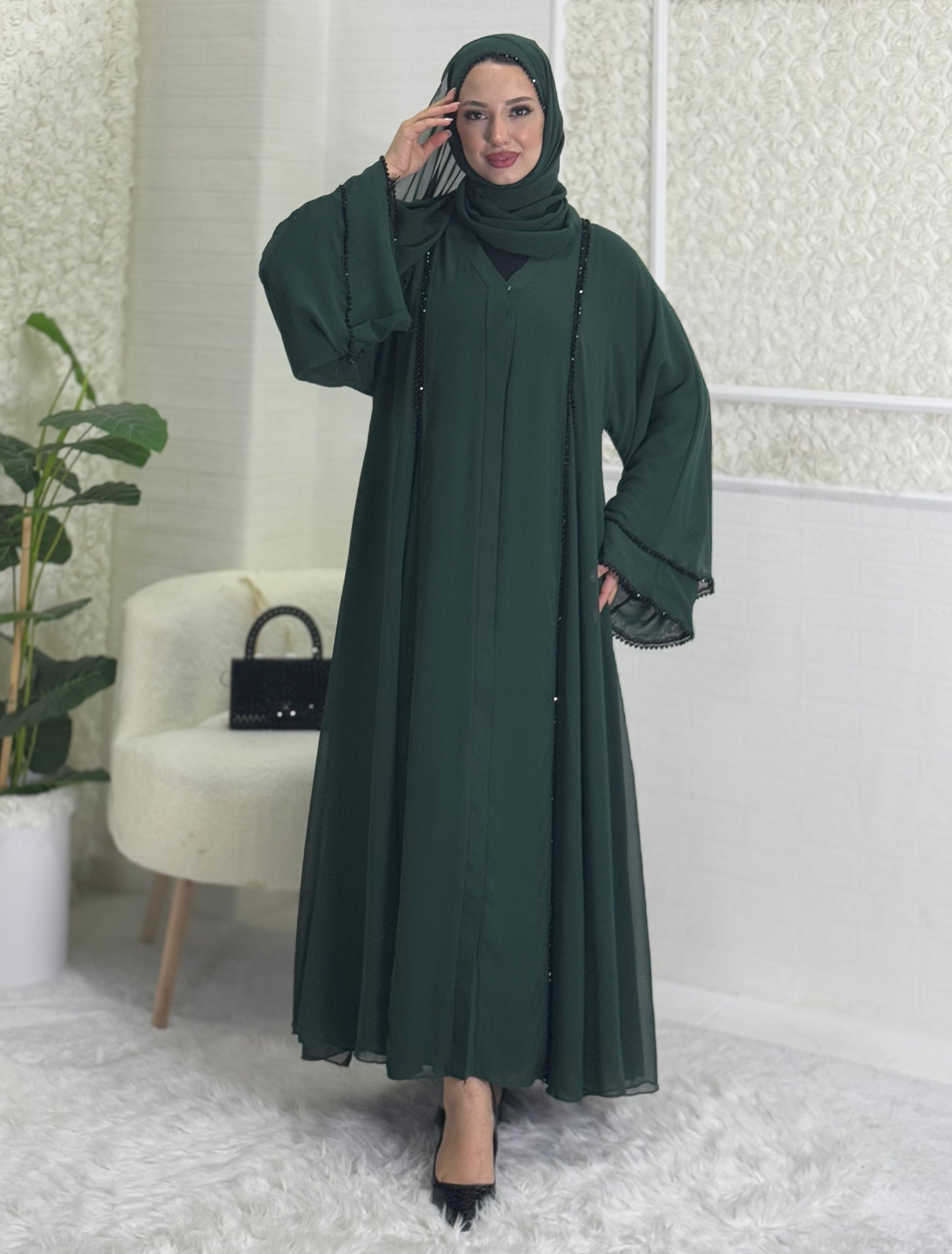 Green Abaya with Black Beads and Front Slit