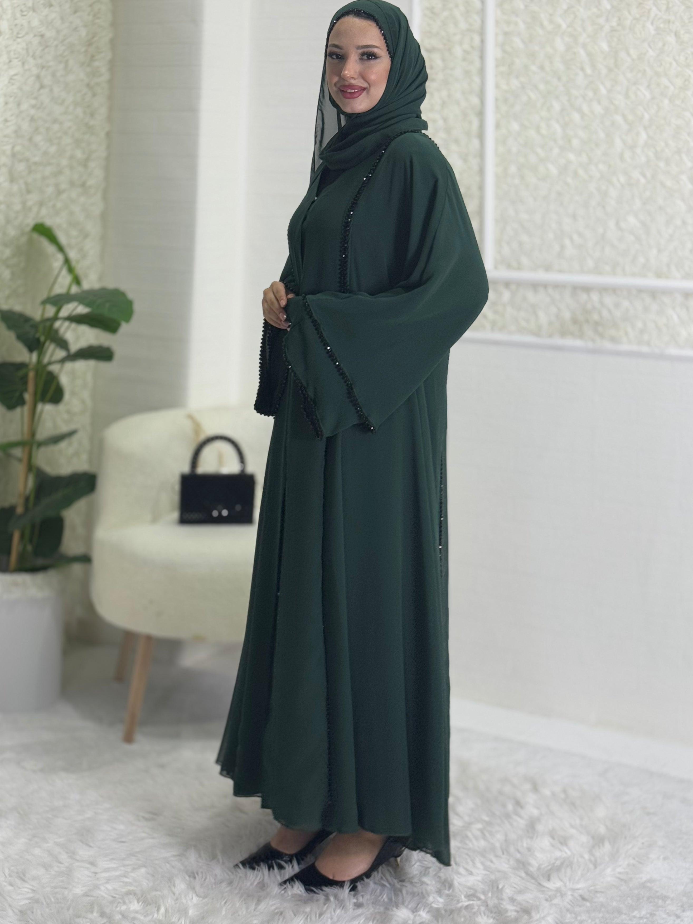 Green Abaya with Black Beads and Front Slit