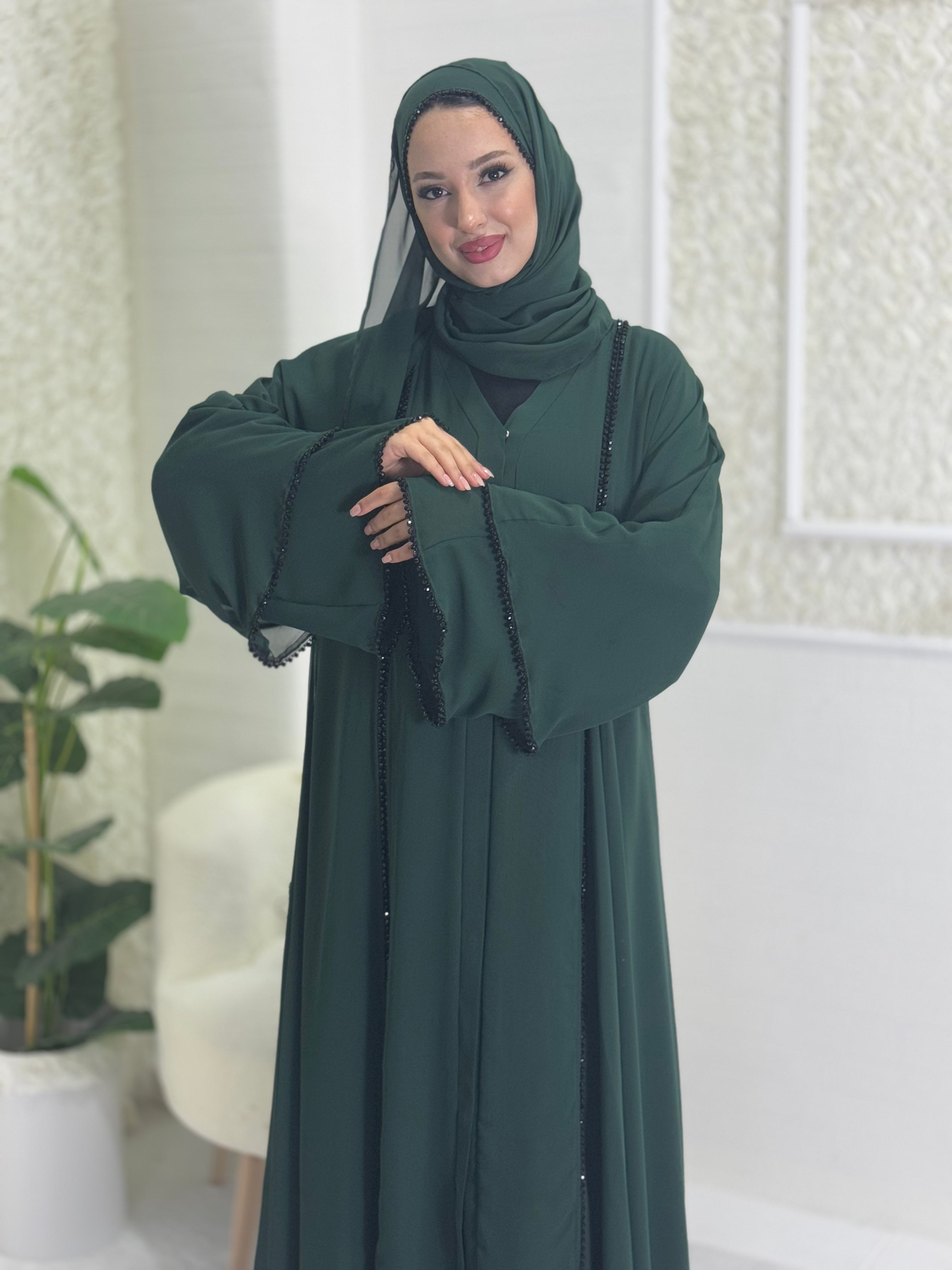 Green Abaya with Black Beads and Front Slit