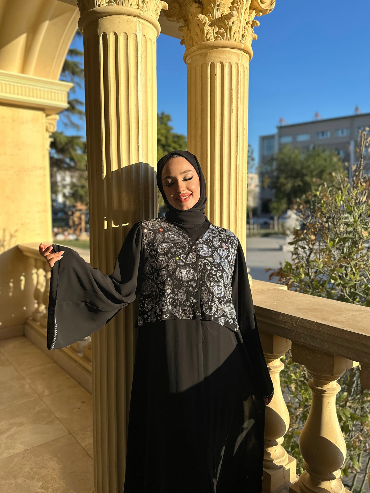 Black Abaya with Rhinestones and Pearls on the Top - Elegant and Stylish Model TM030 WS GB
