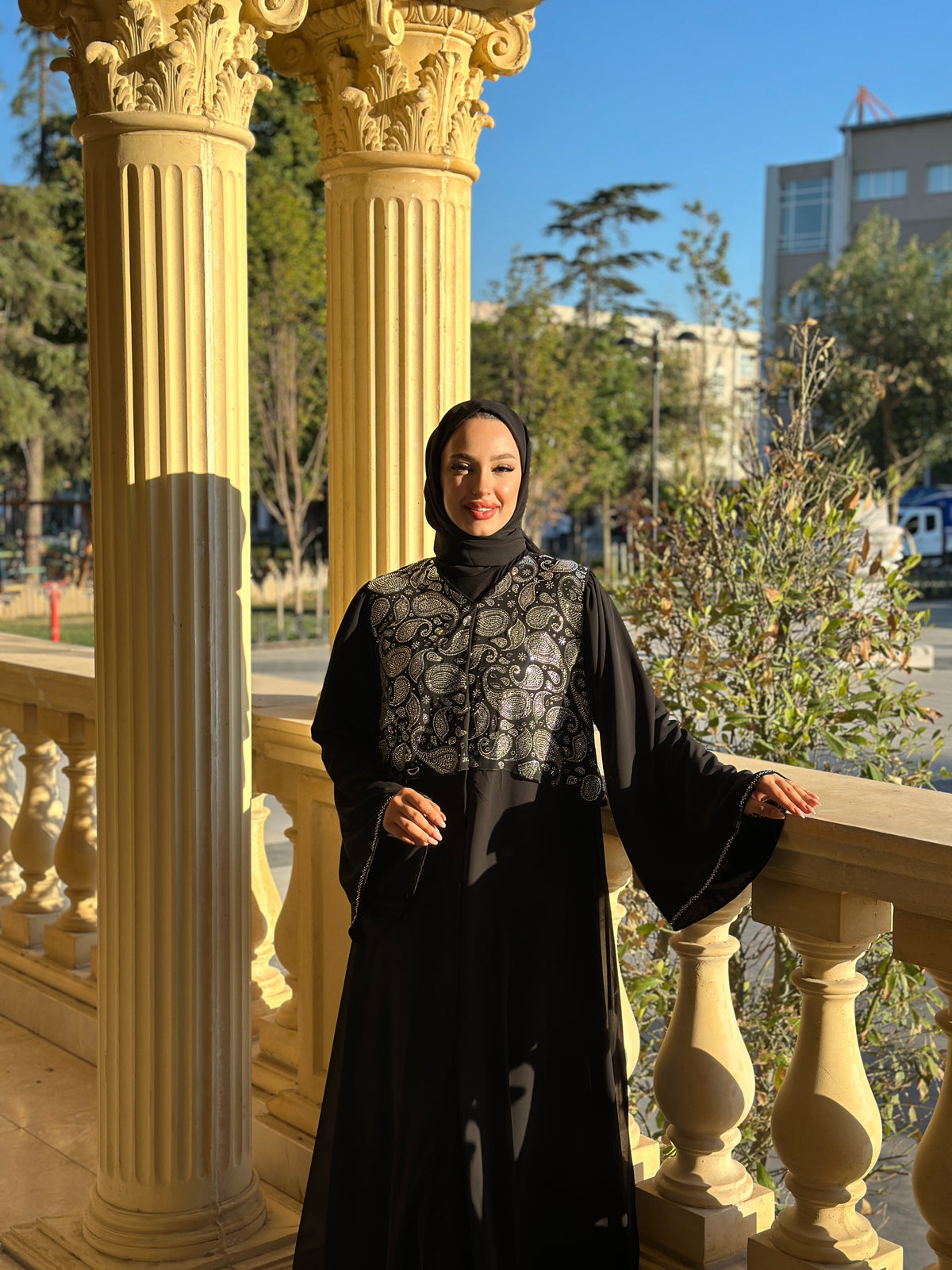 Black Abaya with Rhinestones and Pearls on the Top - Elegant and Stylish Model TM030 WS GB