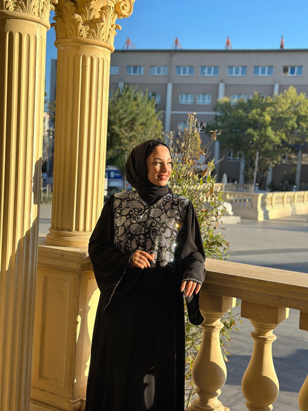 Black Abaya with Rhinestones and Pearls on the Top - Elegant and Stylish Model TM030 WS GB