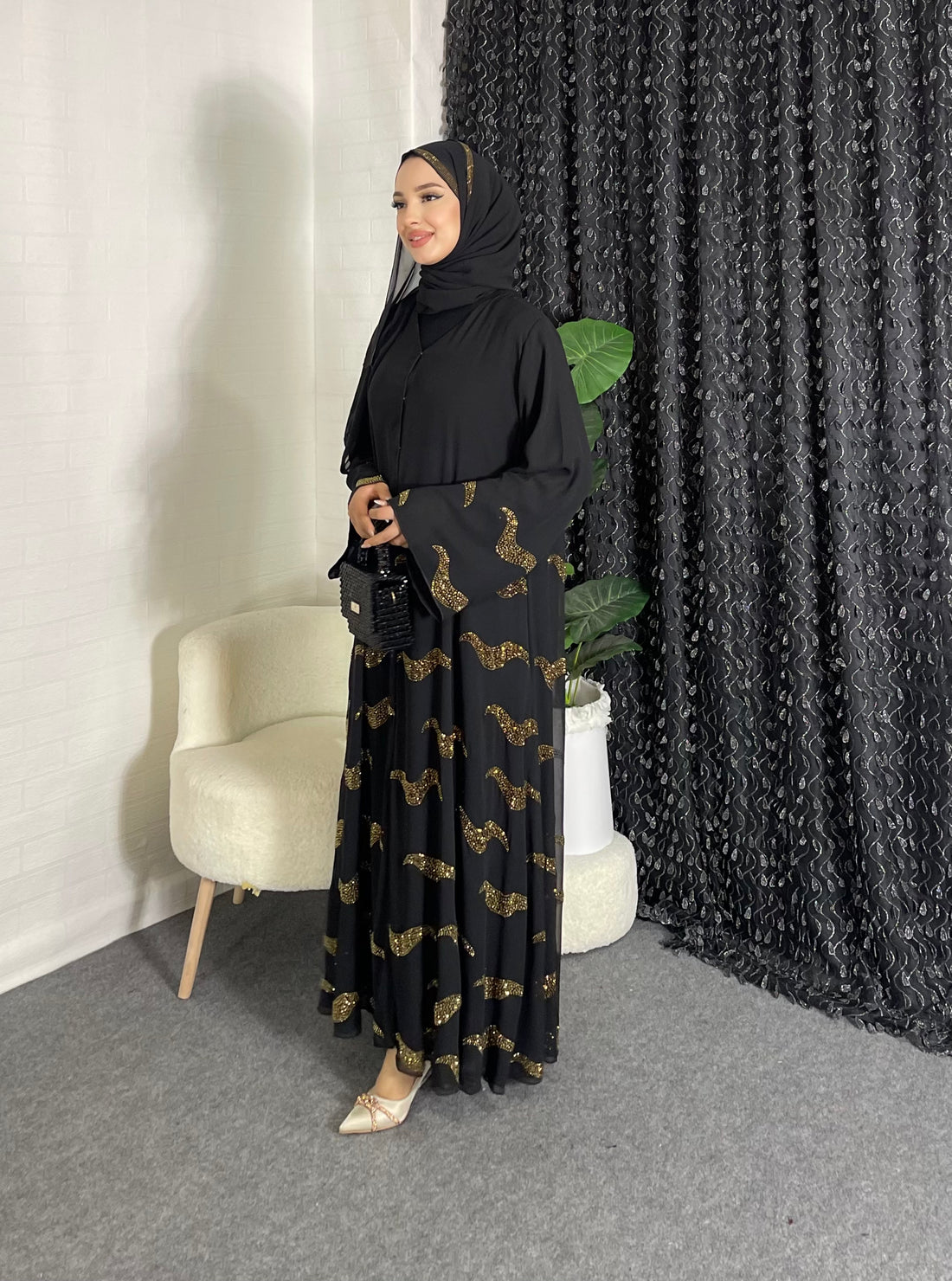 Wave Patterned Gold Stone Embroidered Chiffon Abaya