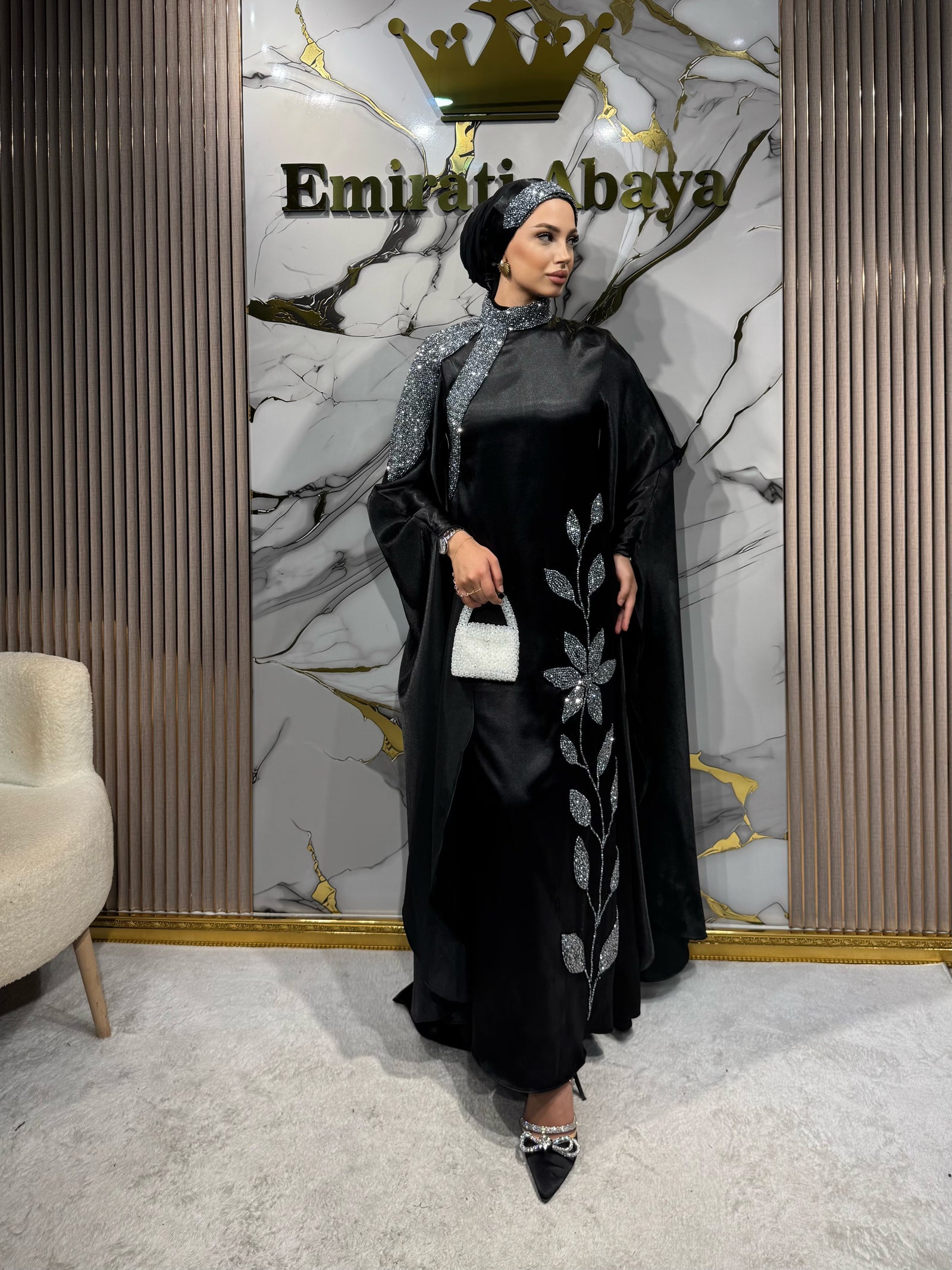 Handmade Satin Evening Dress with White Stone Embellished Floral Pattern and Butterfly Sleeves | EF009 HSB