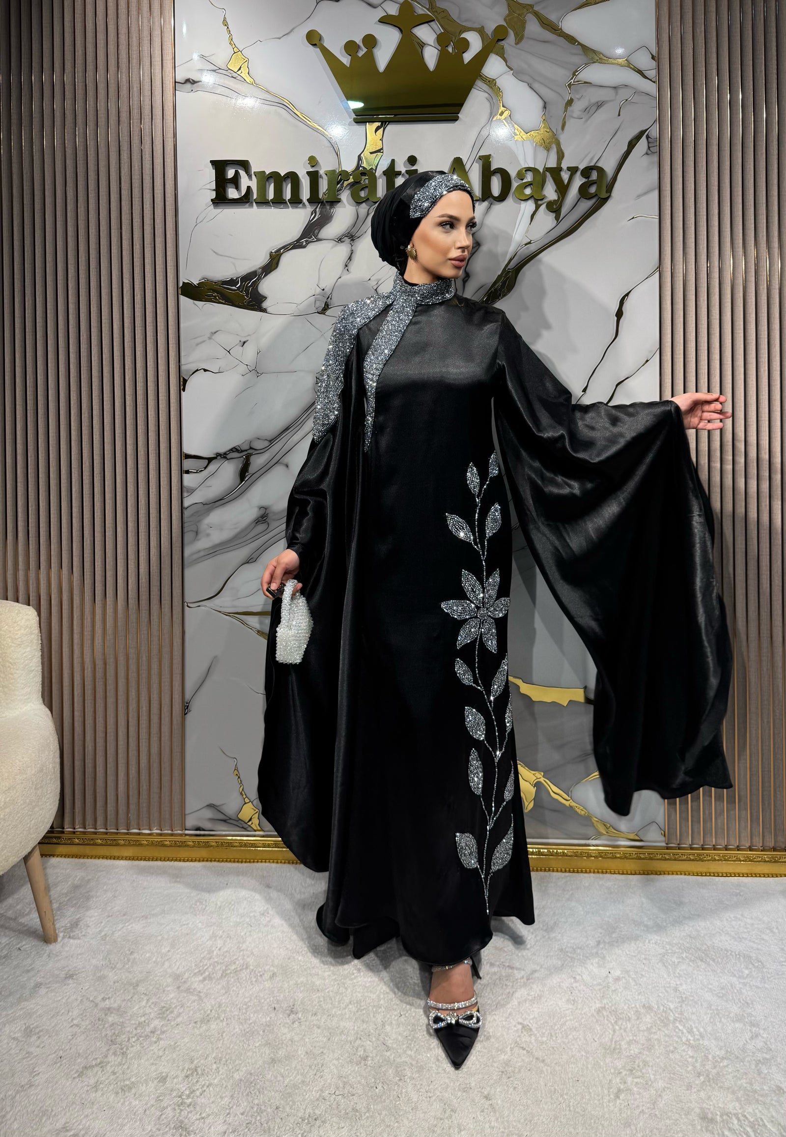 Handmade Satin Evening Dress with White Stone Embellished Floral Pattern and Butterfly Sleeves | EF009 HSB