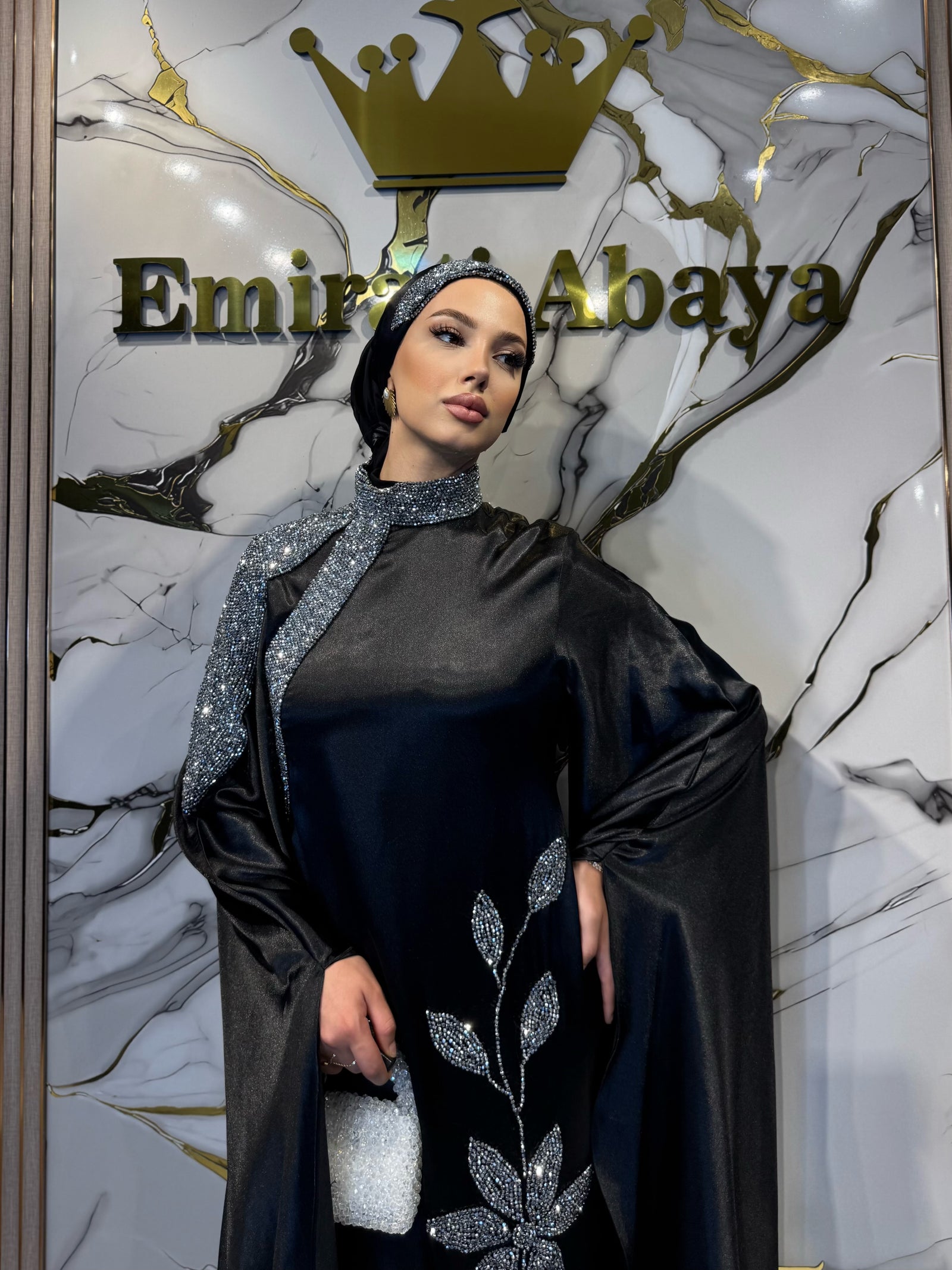 Handmade Satin Evening Dress with White Stone Embellished Floral Pattern and Butterfly Sleeves | EF009 HSB