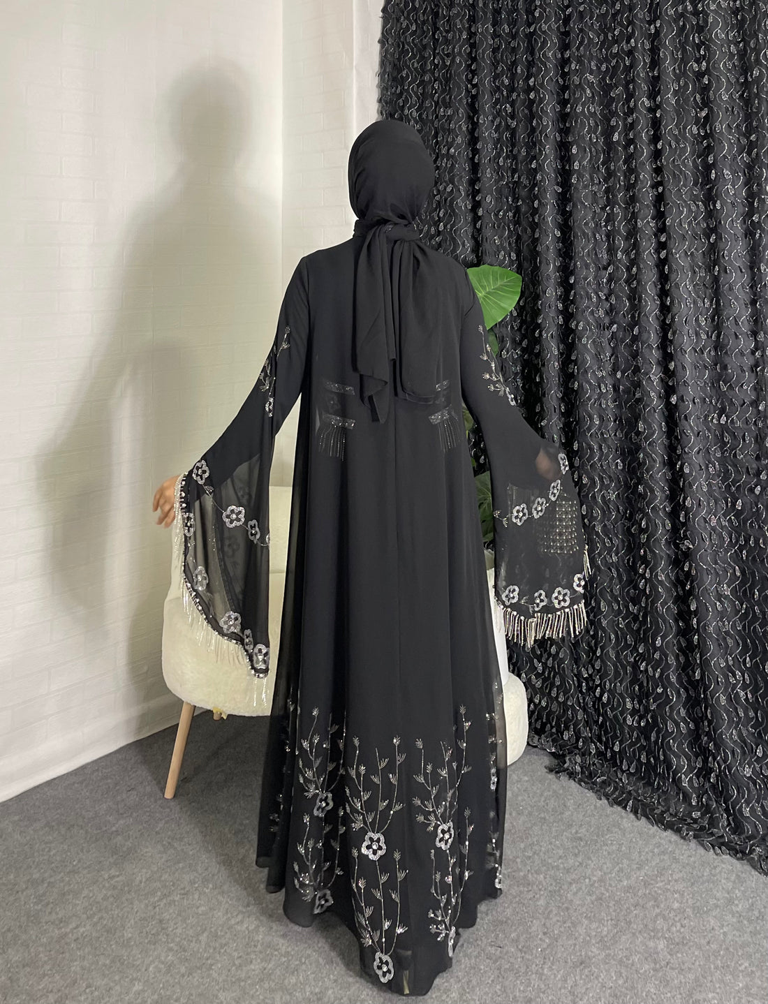 Open Front Black Crystal Stone Chiffon Abaya