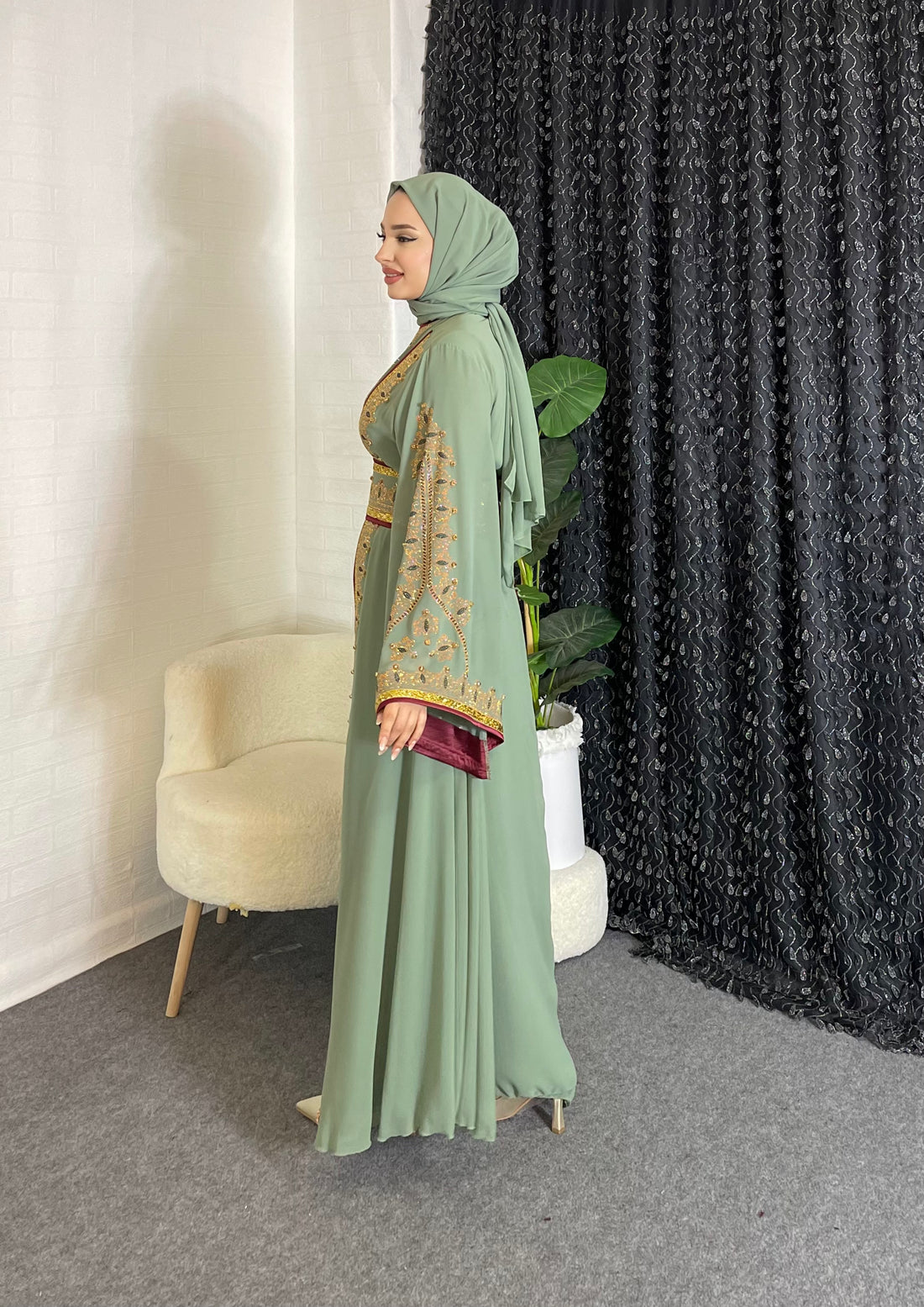 Green Chiffon Abaya with Gold Stones and Open Front