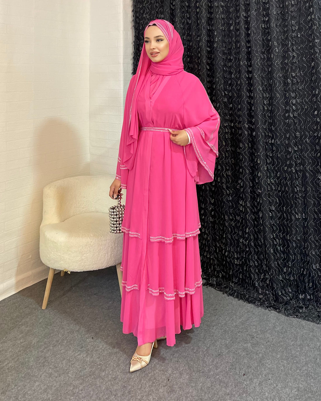 Three Layered Pink White Stone Chiffon Abaya