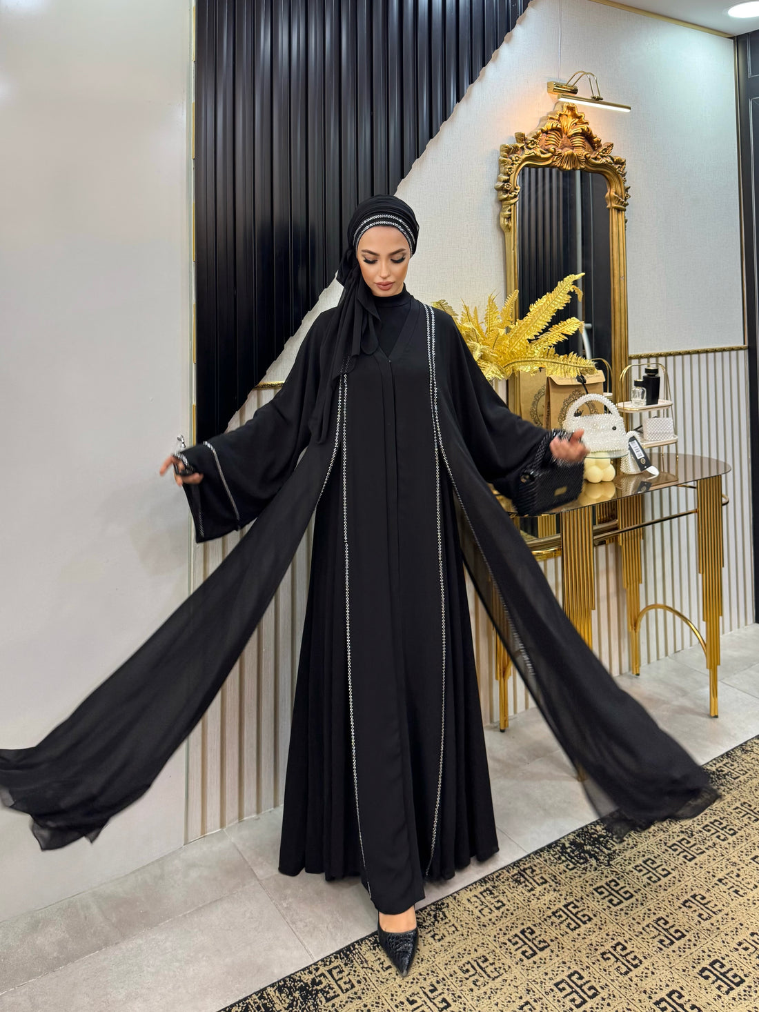 Black Abaya with Front Slit and White Stones