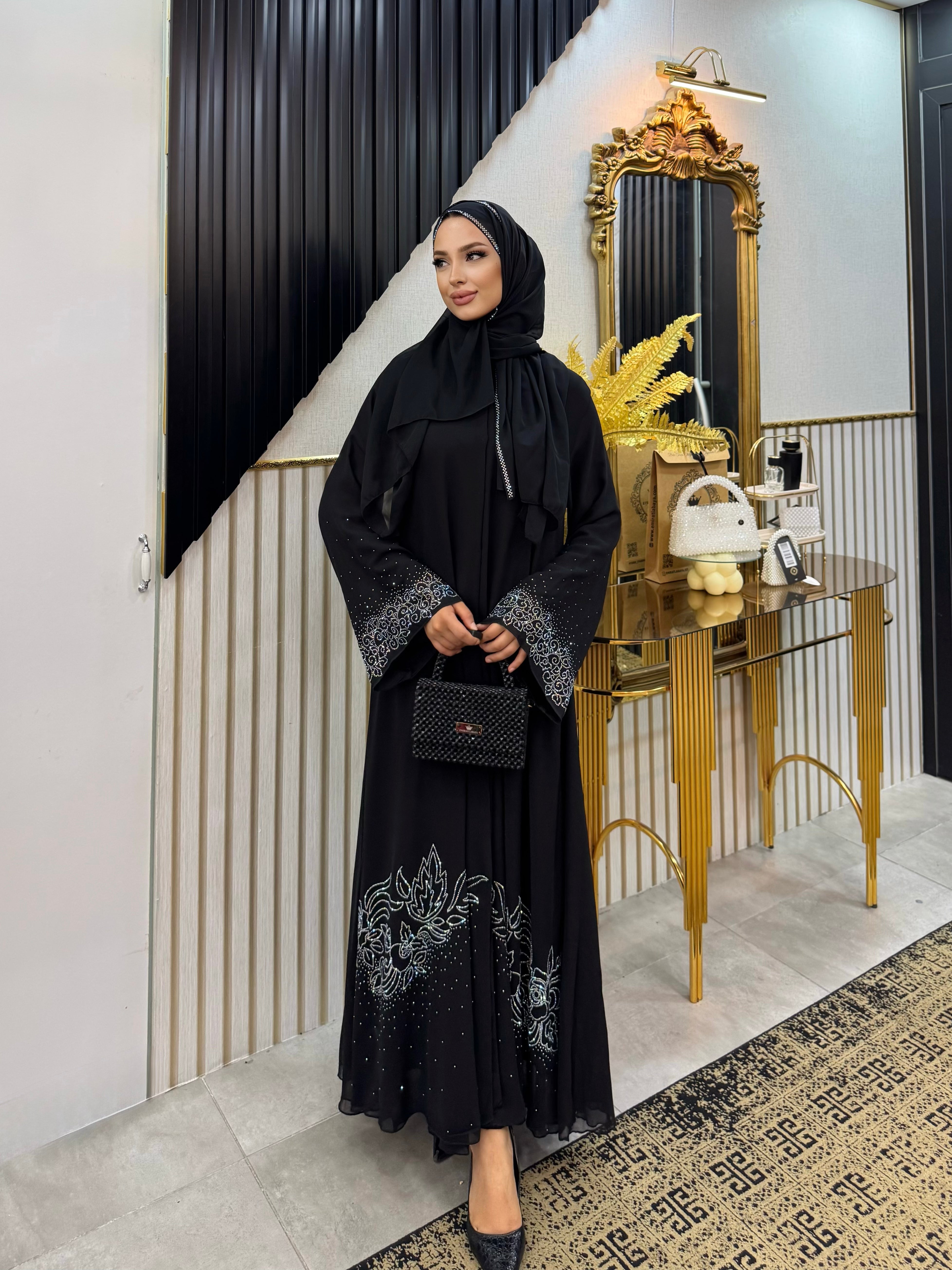 Işıltılı Vals Desenli Şifon Taşlı Abaya
