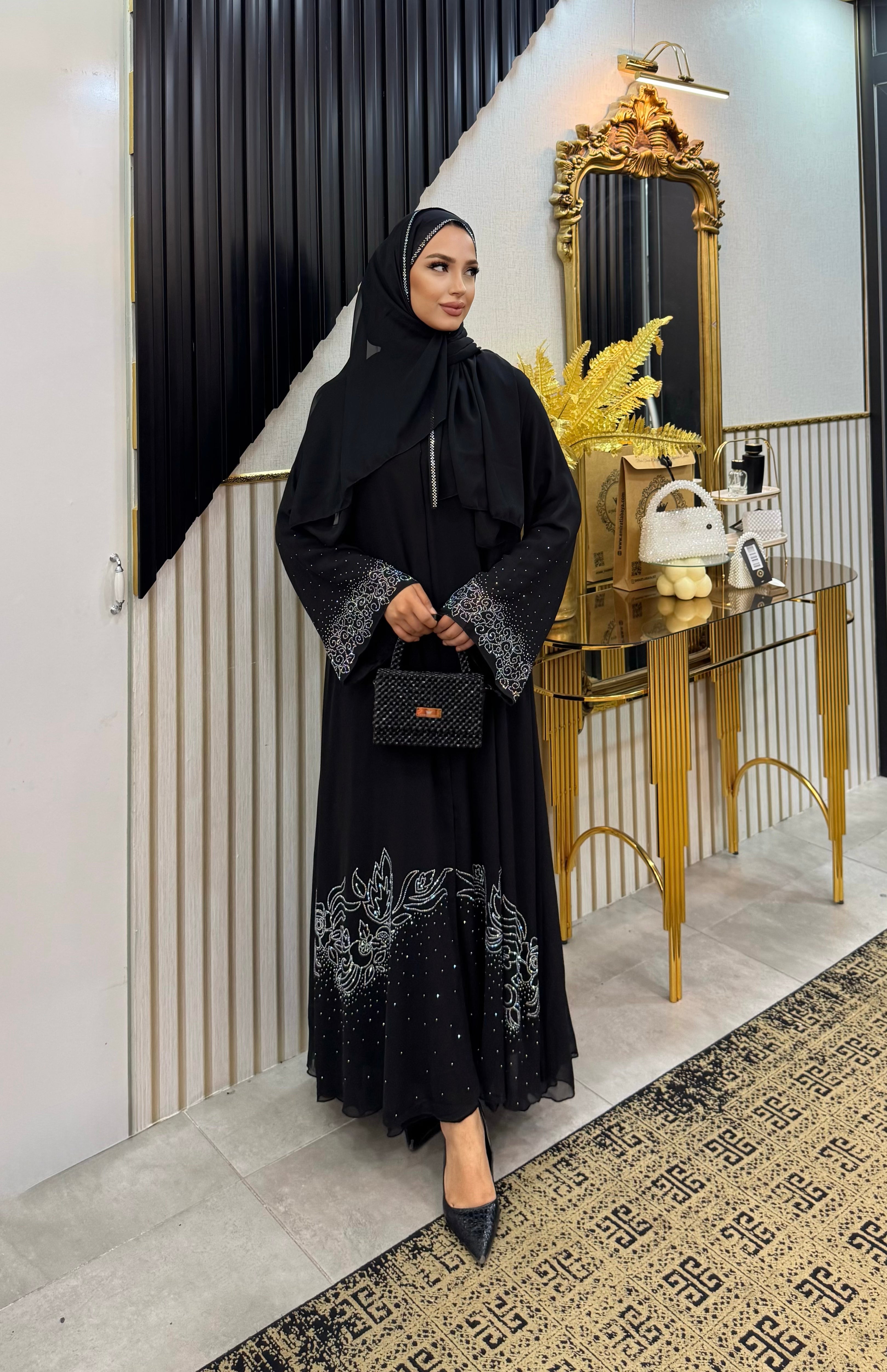 Işıltılı Vals Desenli Şifon Taşlı Abaya