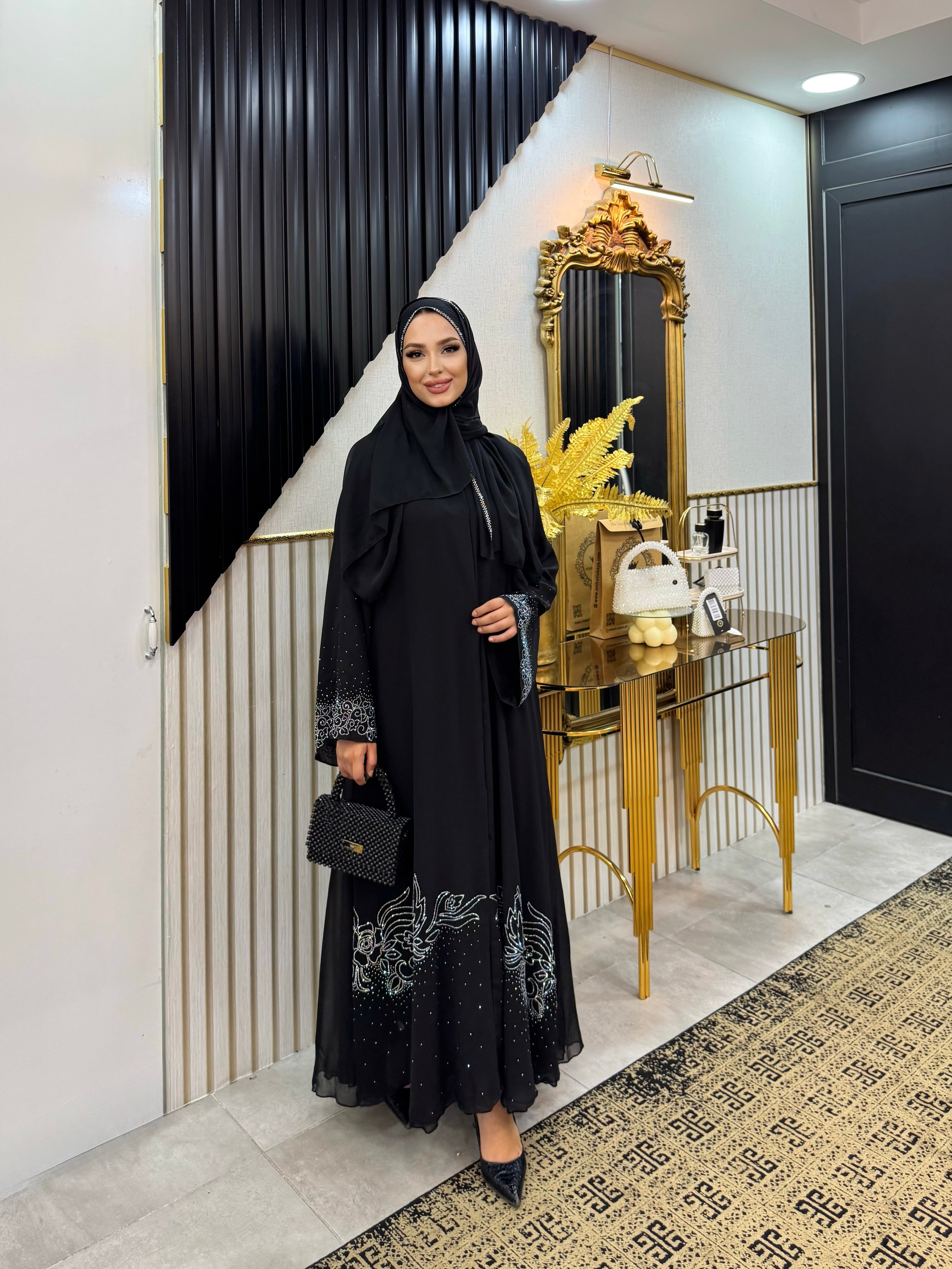 Işıltılı Vals Desenli Şifon Taşlı Abaya