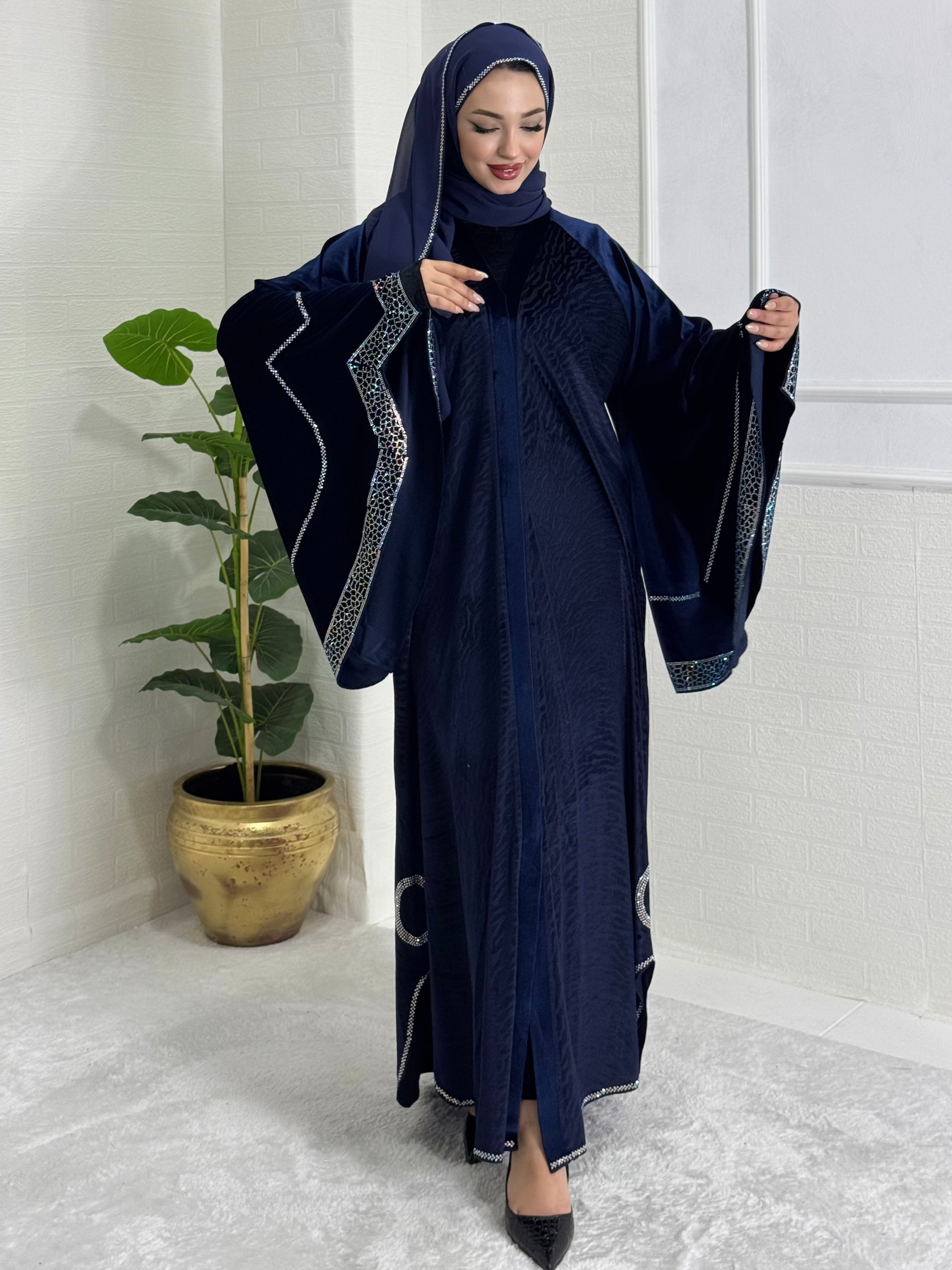 BLUE Velvet Abaya with White Stone Detail