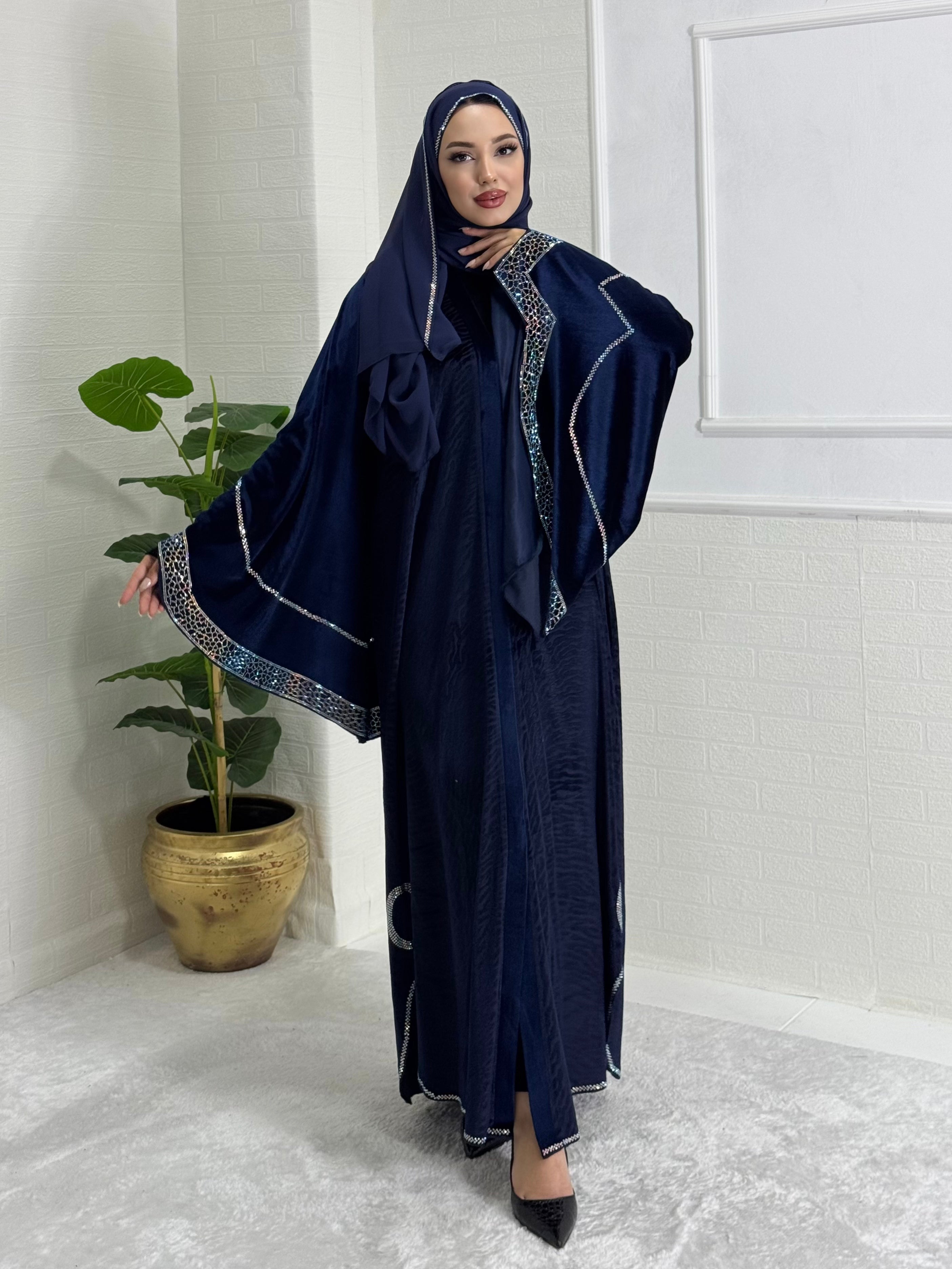 BLUE Velvet Abaya with White Stone Detail