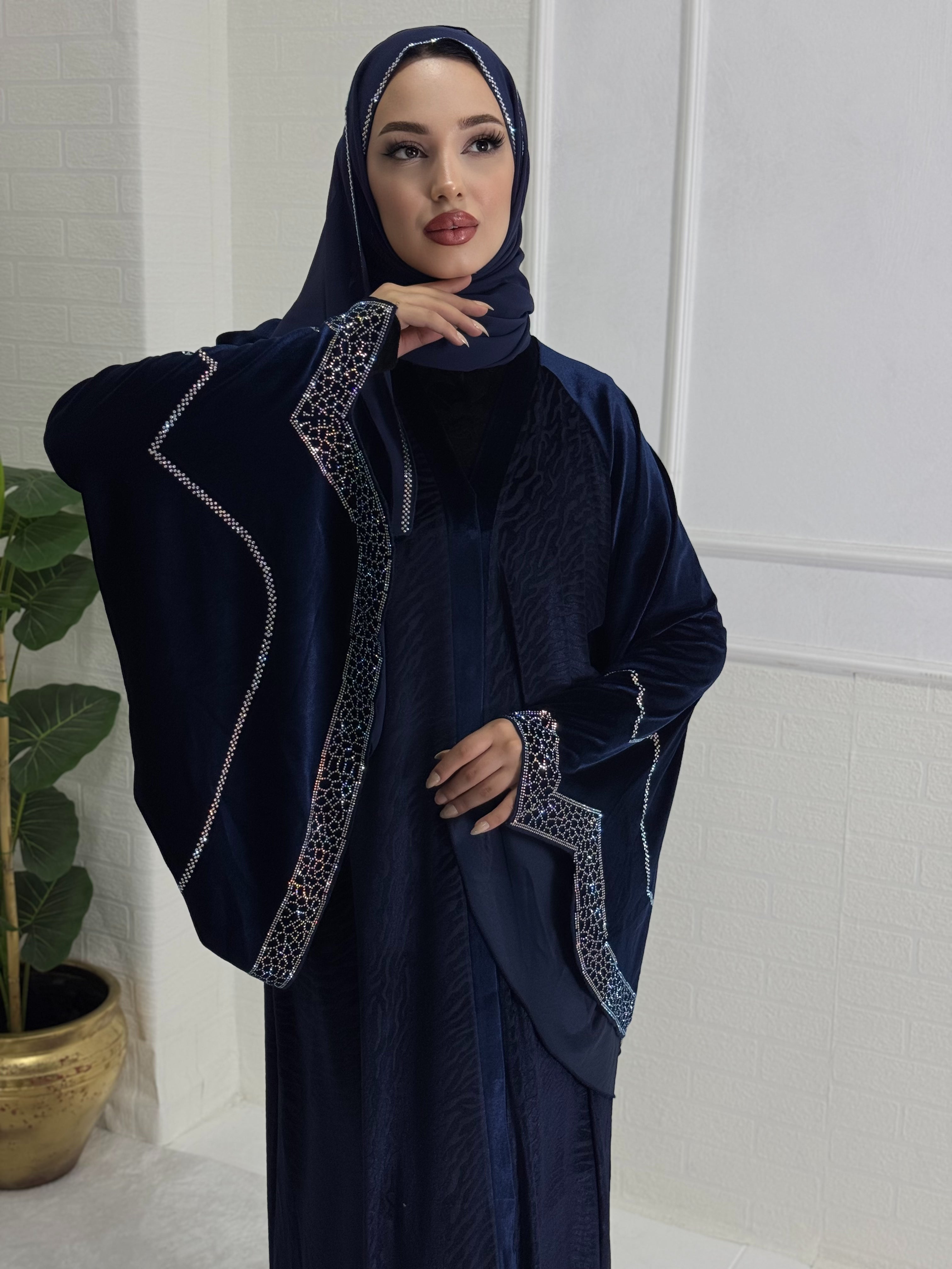 BLUE Velvet Abaya with White Stone Detail