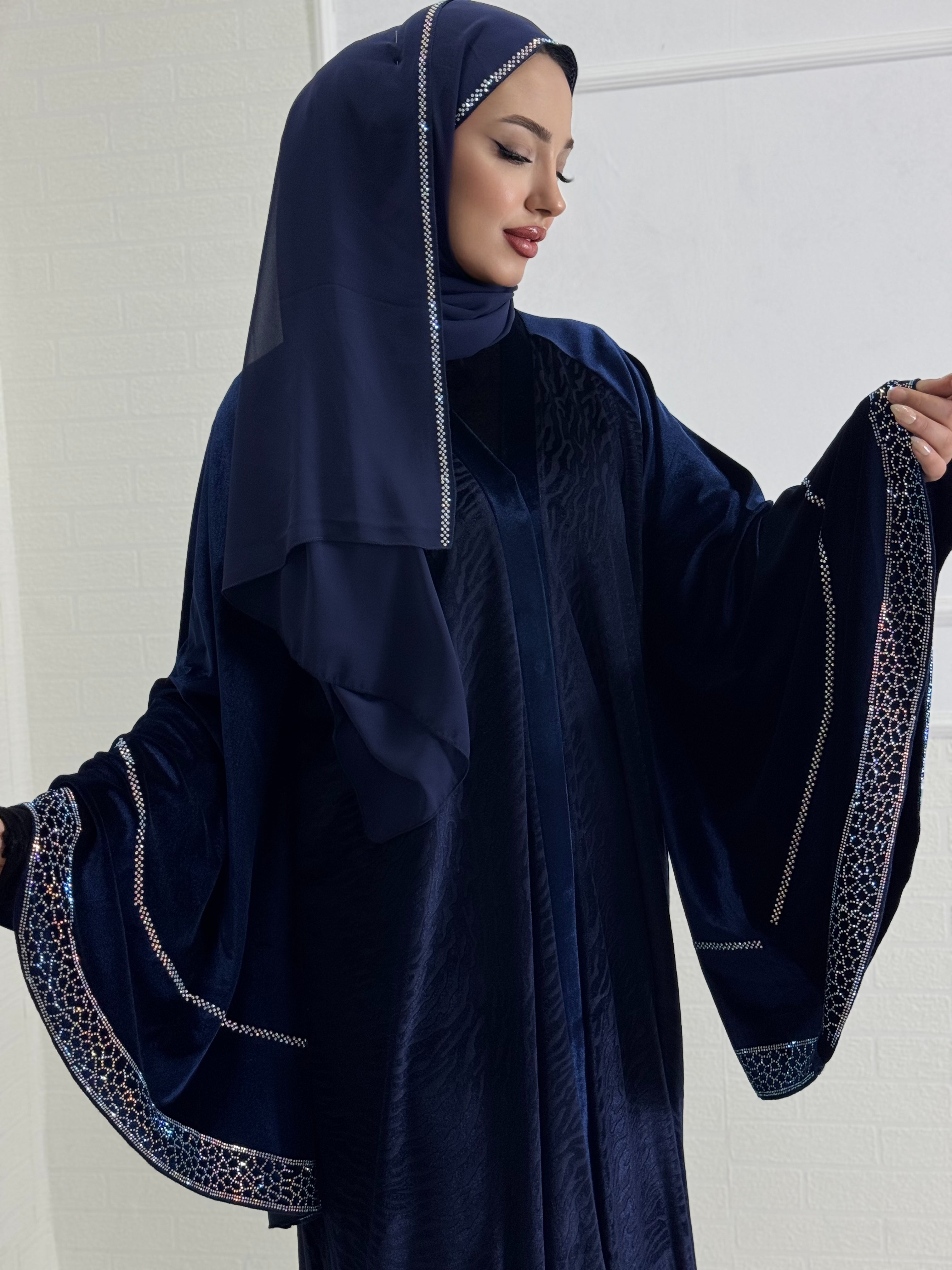 BLUE Velvet Abaya with White Stone Detail