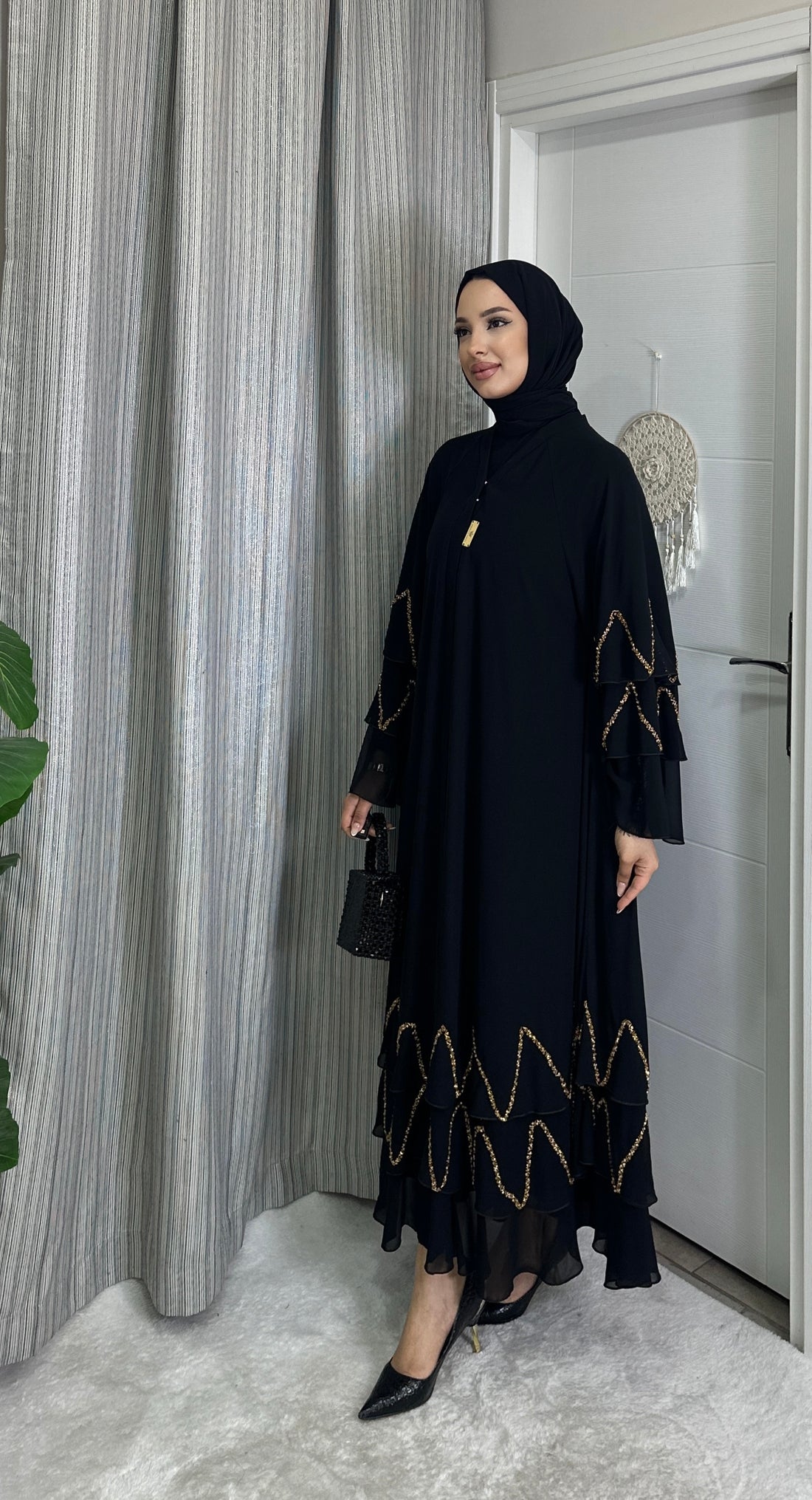 Hand Embroidered Yellow Stone Black Chiffon Abaya