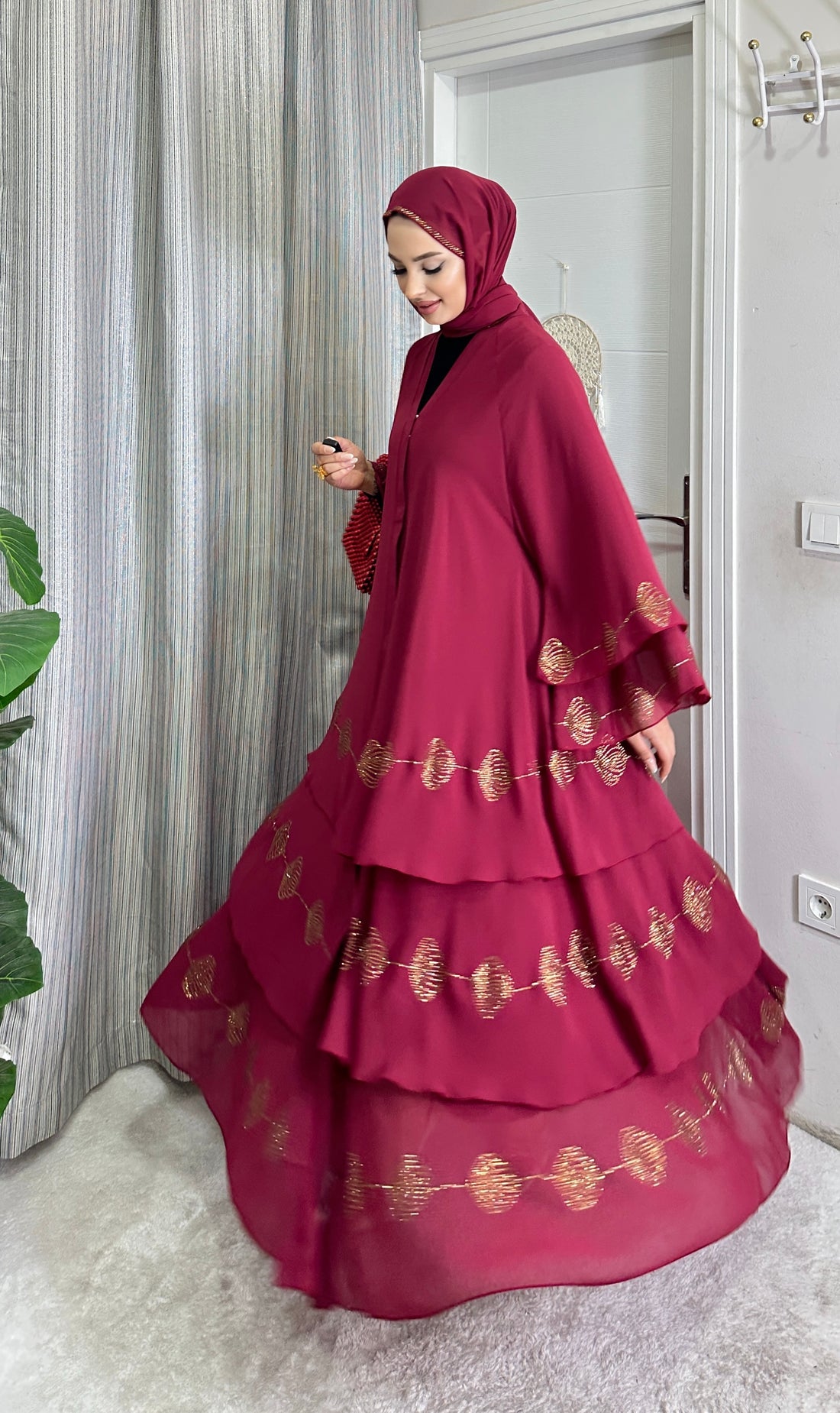 Three Layered Chiffon Burgundy Abaya with Gold Flower Hem