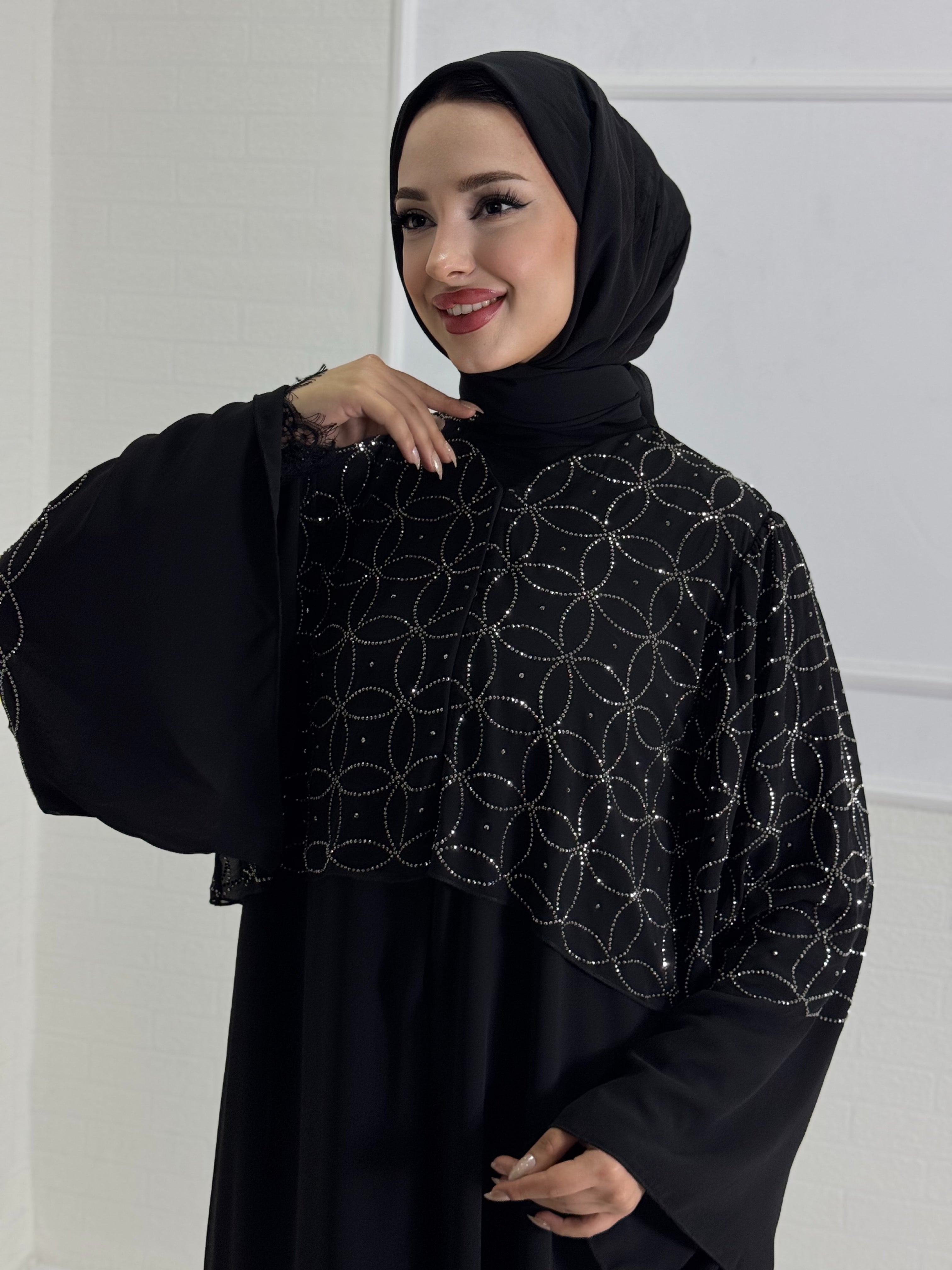 Black Abaya with Stones on the Upper Part