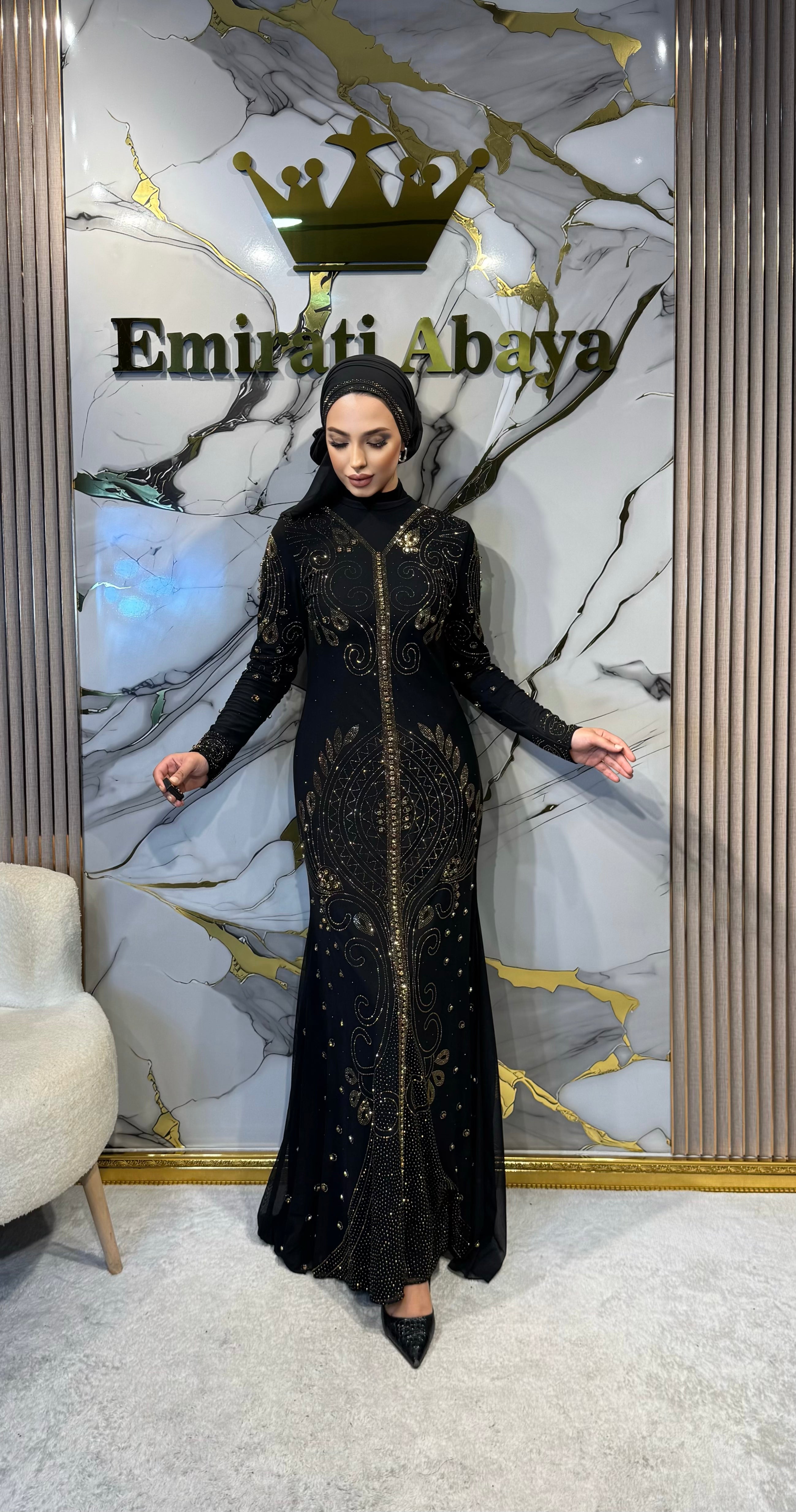Gold Taşlı Spiral Işıltılı Tül Abaya