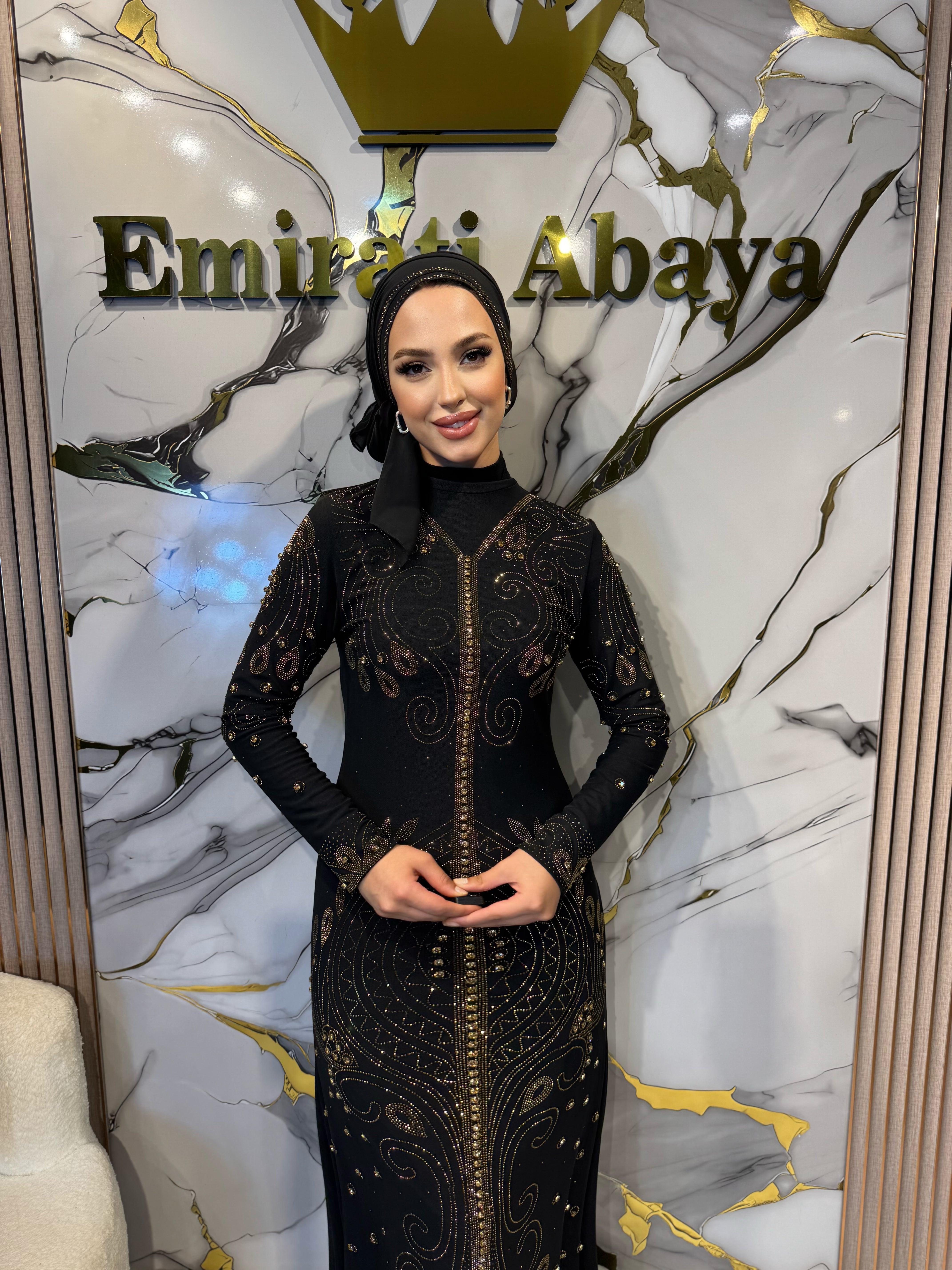 Gold Taşlı Spiral Işıltılı Tül Abaya