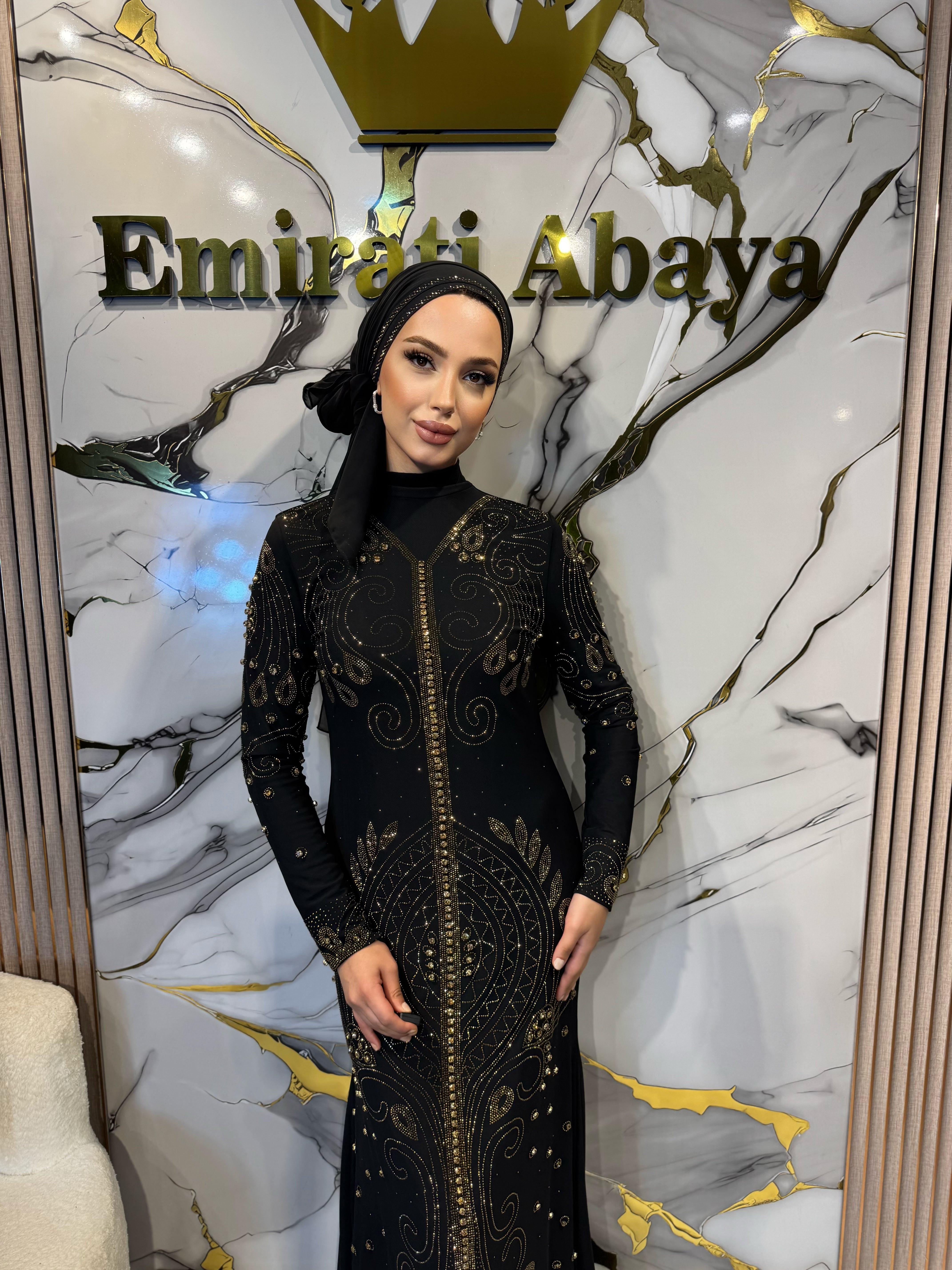 Gold Taşlı Spiral Işıltılı Tül Abaya