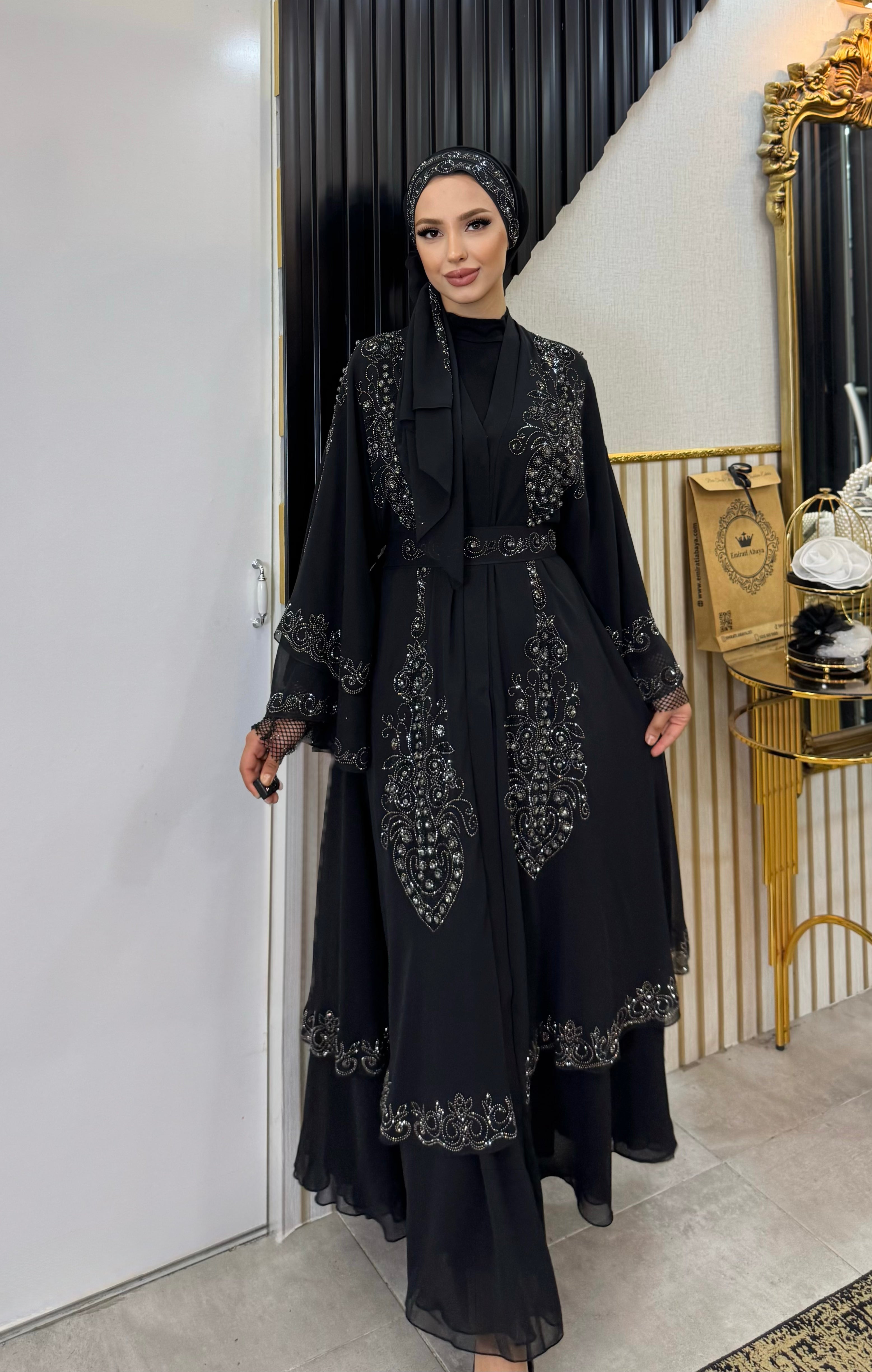 Çift Katlı Şifon Hematit Taş İşlemeli Abaya