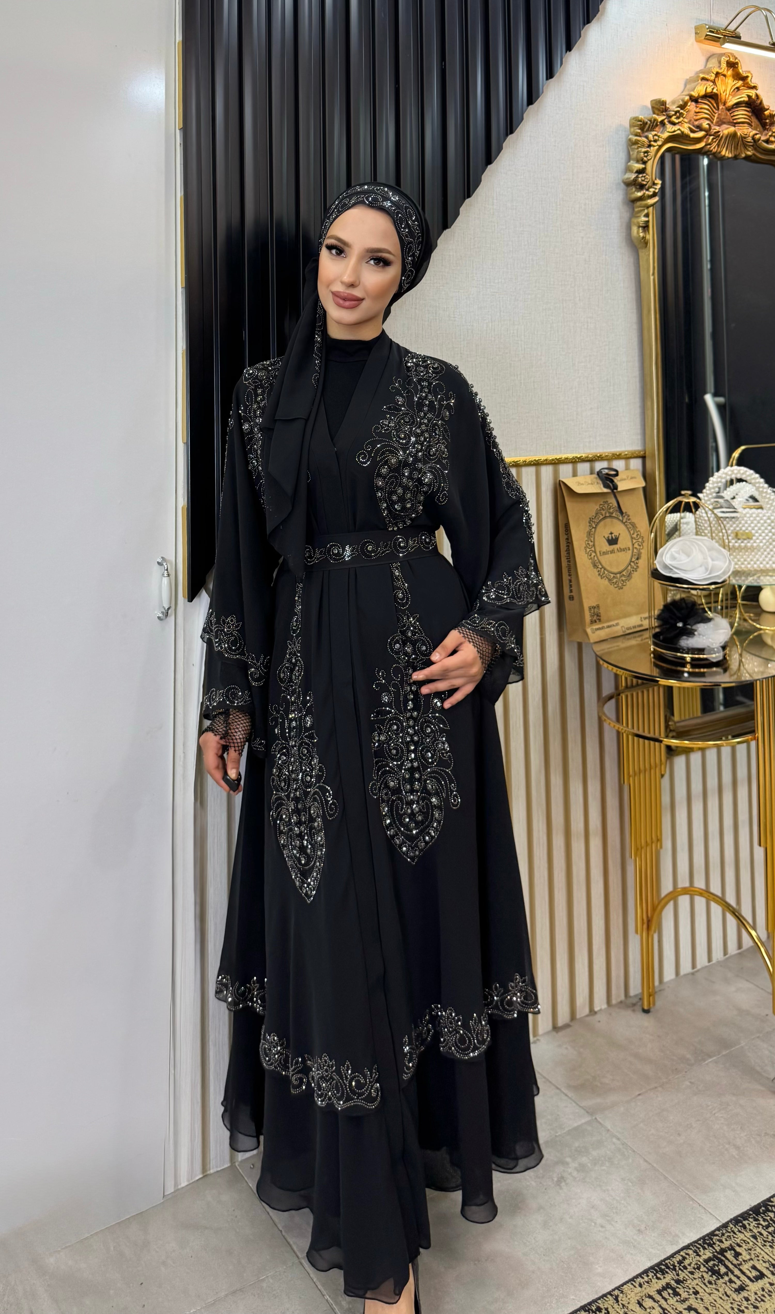 Çift Katlı Şifon Hematit Taş İşlemeli Abaya