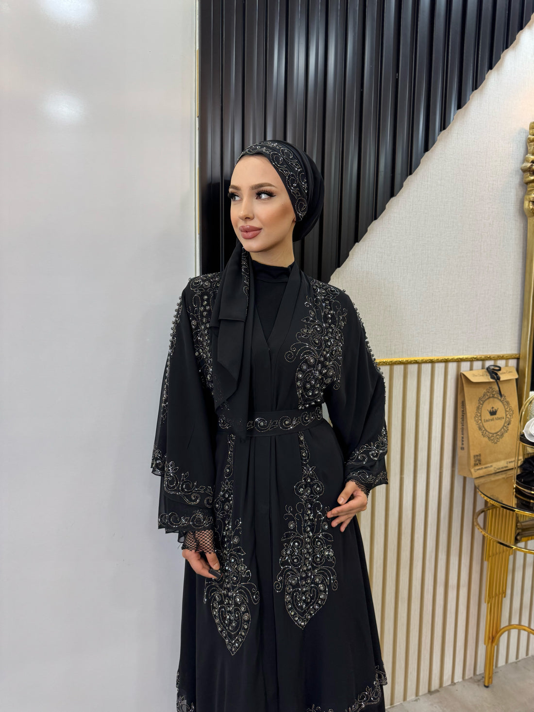 Çift Katlı Şifon Hematit Taş İşlemeli Abaya