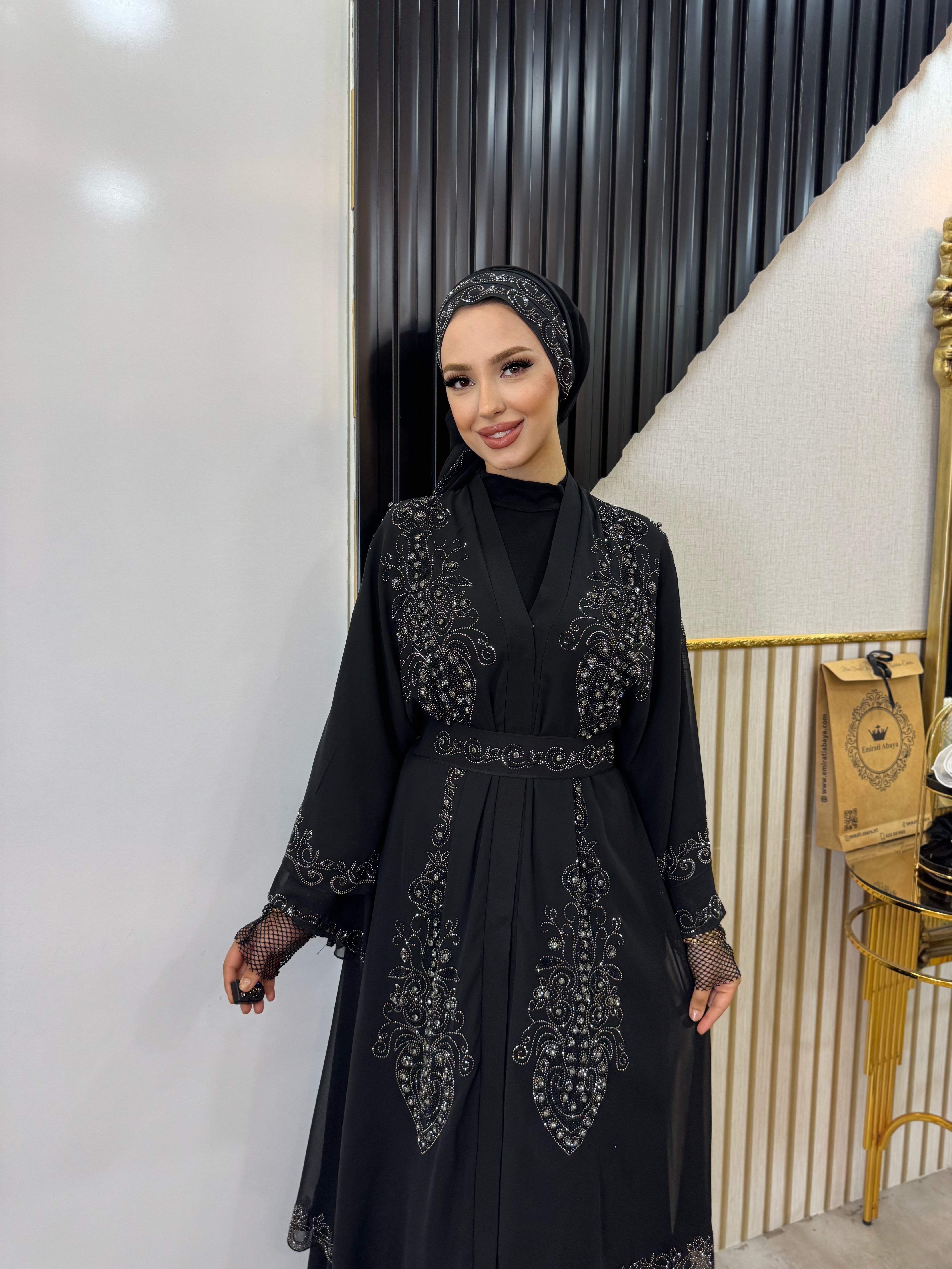 Çift Katlı Şifon Hematit Taş İşlemeli Abaya