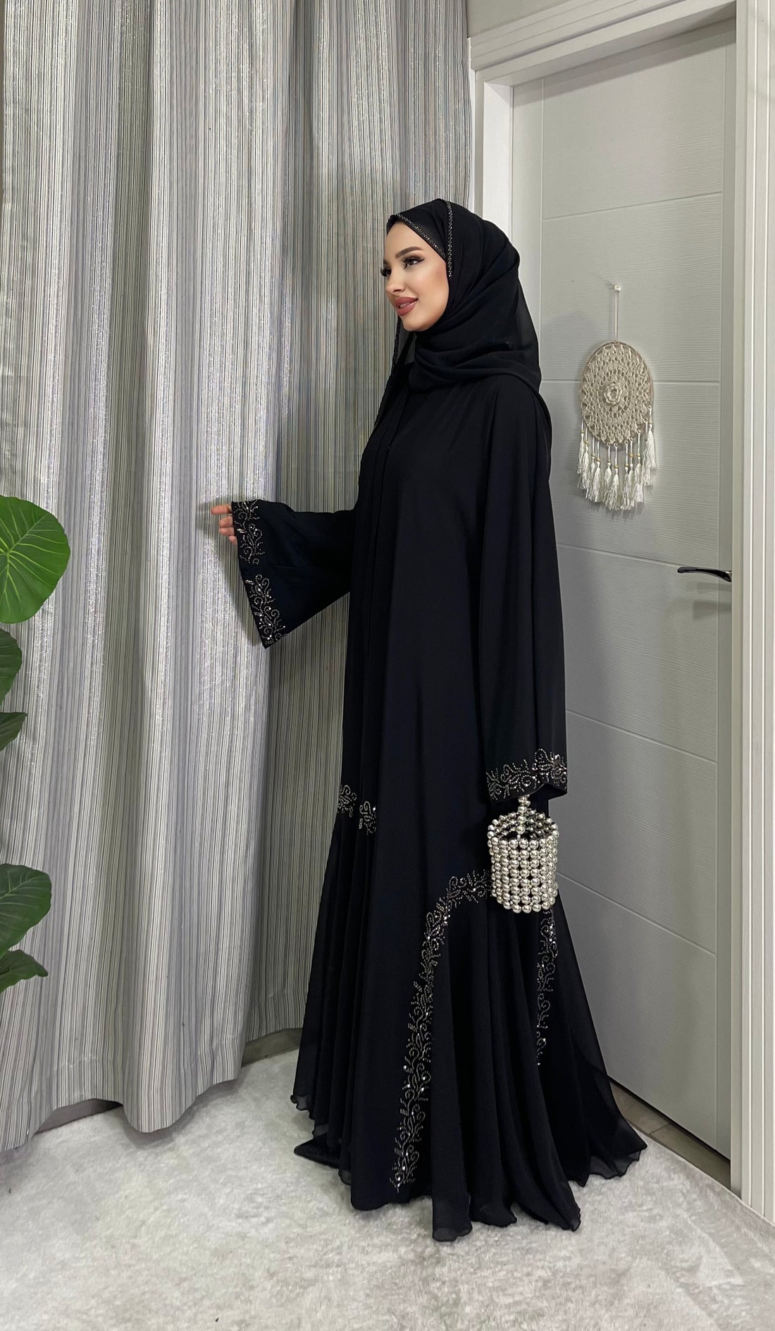 Kristal Desenli Hematit Taşlı Şifon Abaya