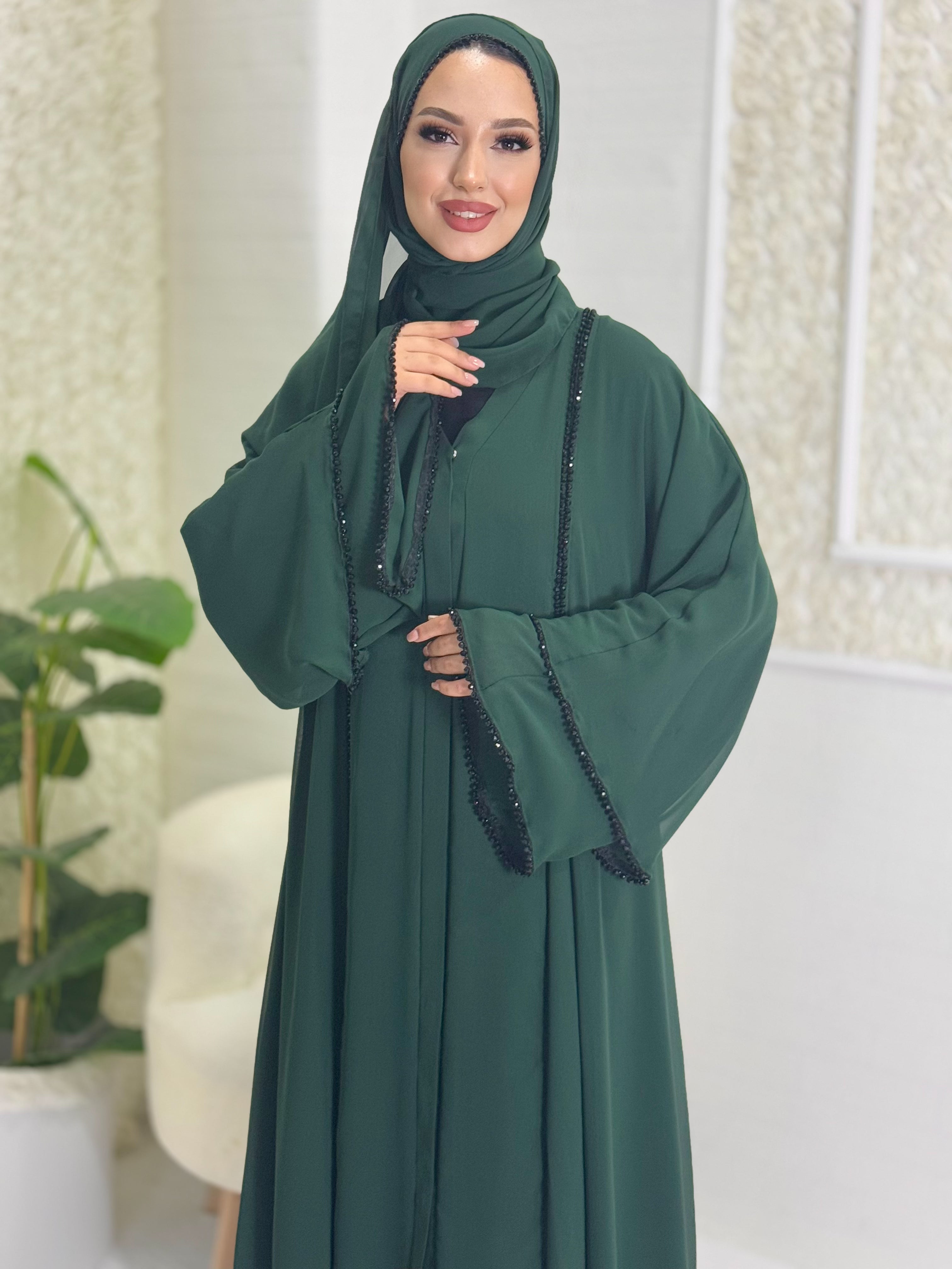 Green Abaya with Black Beads and Front Slit